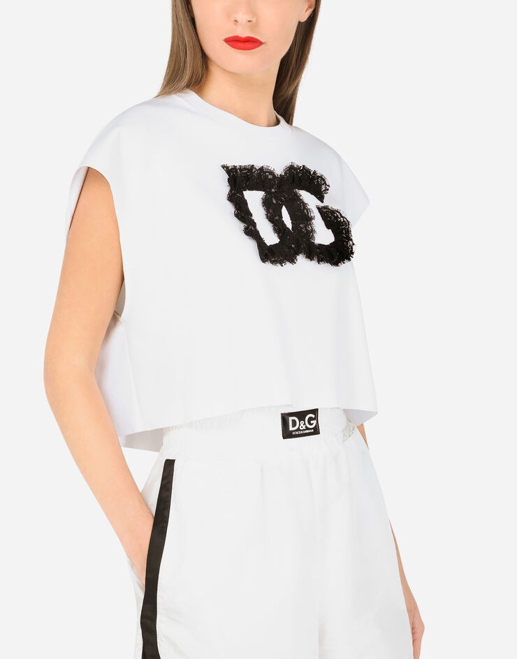 Cropped jersey T-shirt with lace DG embellishment - 4