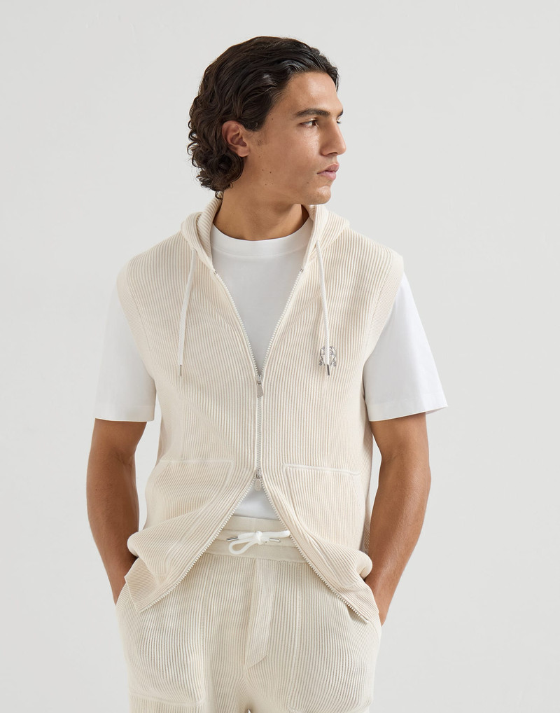 Cotton English rib knit hooded vest with logo and zipper 2