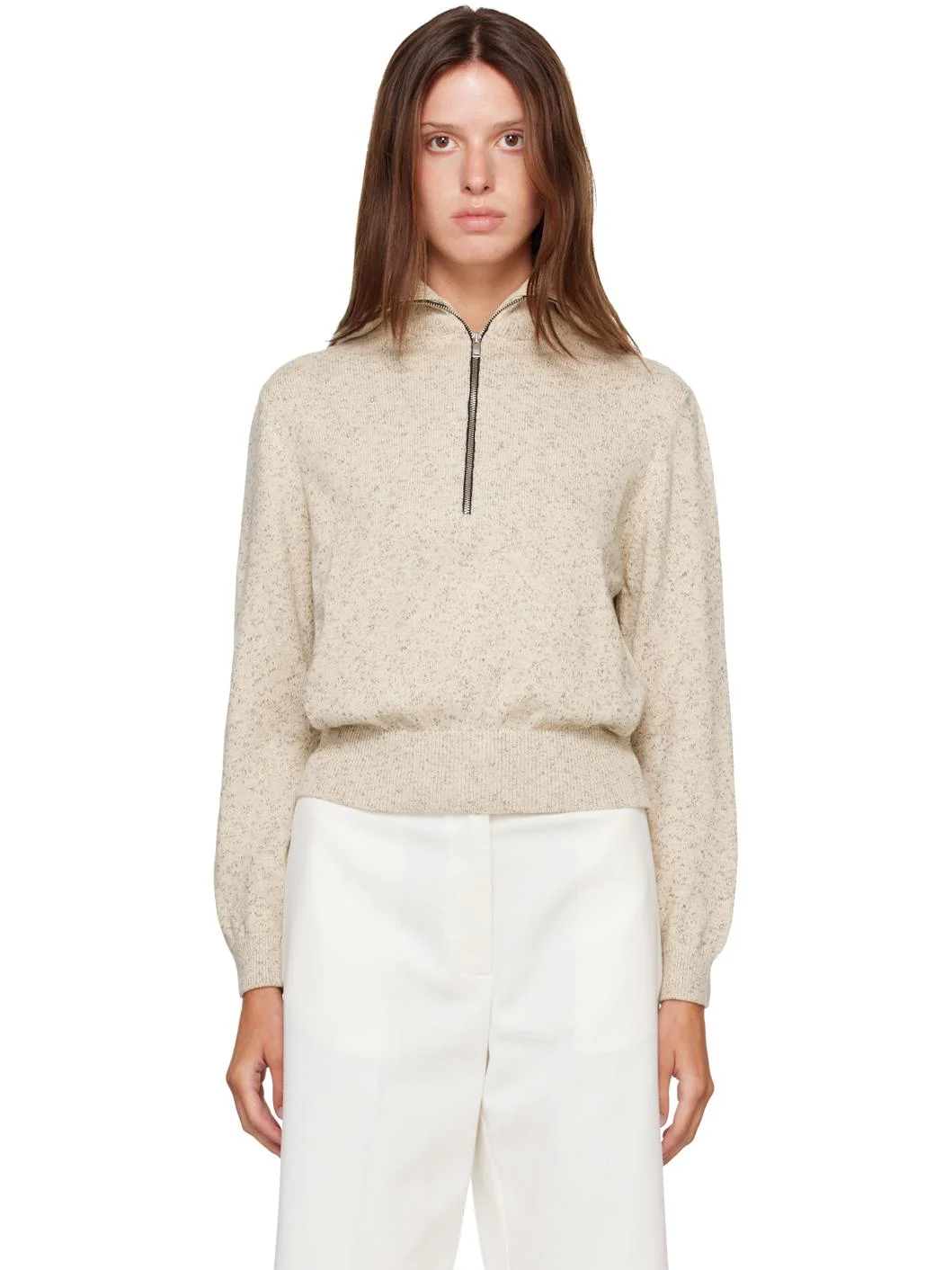 Off-White Flecked Cotton Zip-Up Sweater - 1