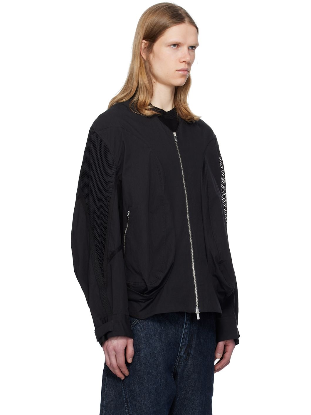 Black Draped Pocket Mesh Sleeve Bomber Jacket - 2
