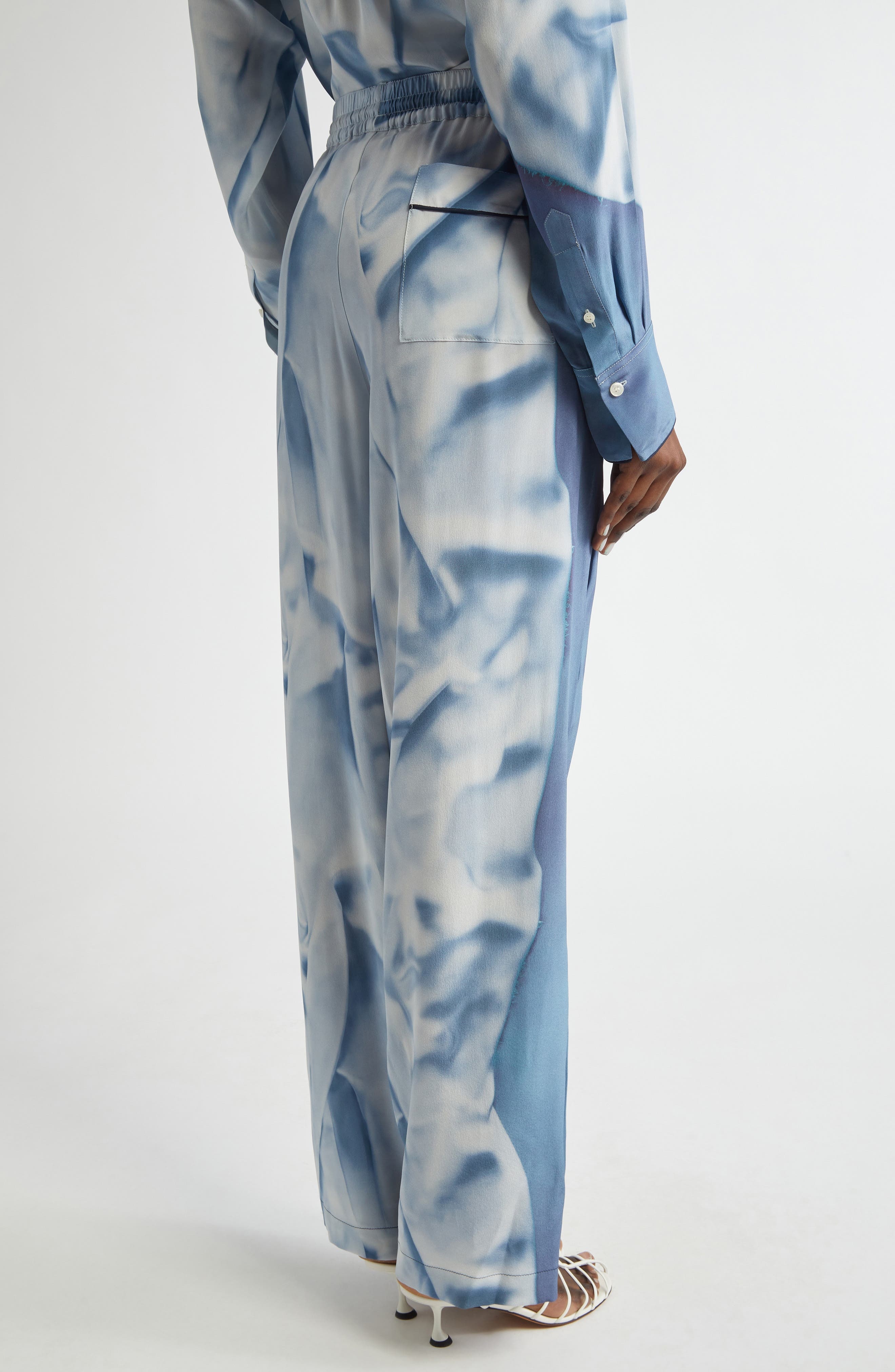Victoria Beckham Pleat Detail & Flowers Trompe l'Oeil Silk Satin Pants in Satin Flowers Ice Blue at  - 3
