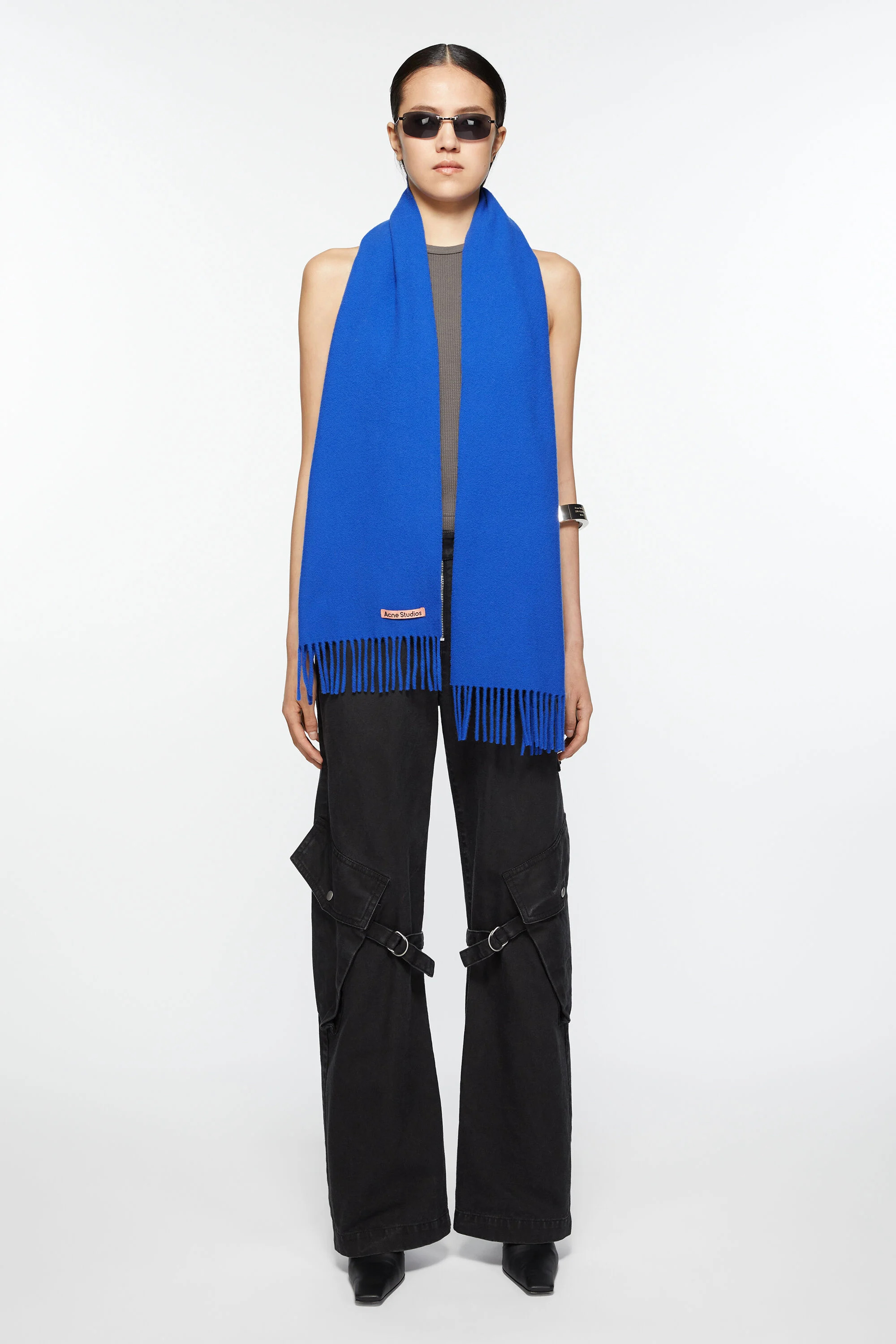 Fringe wool scarf - skinny - Royal blue - 2