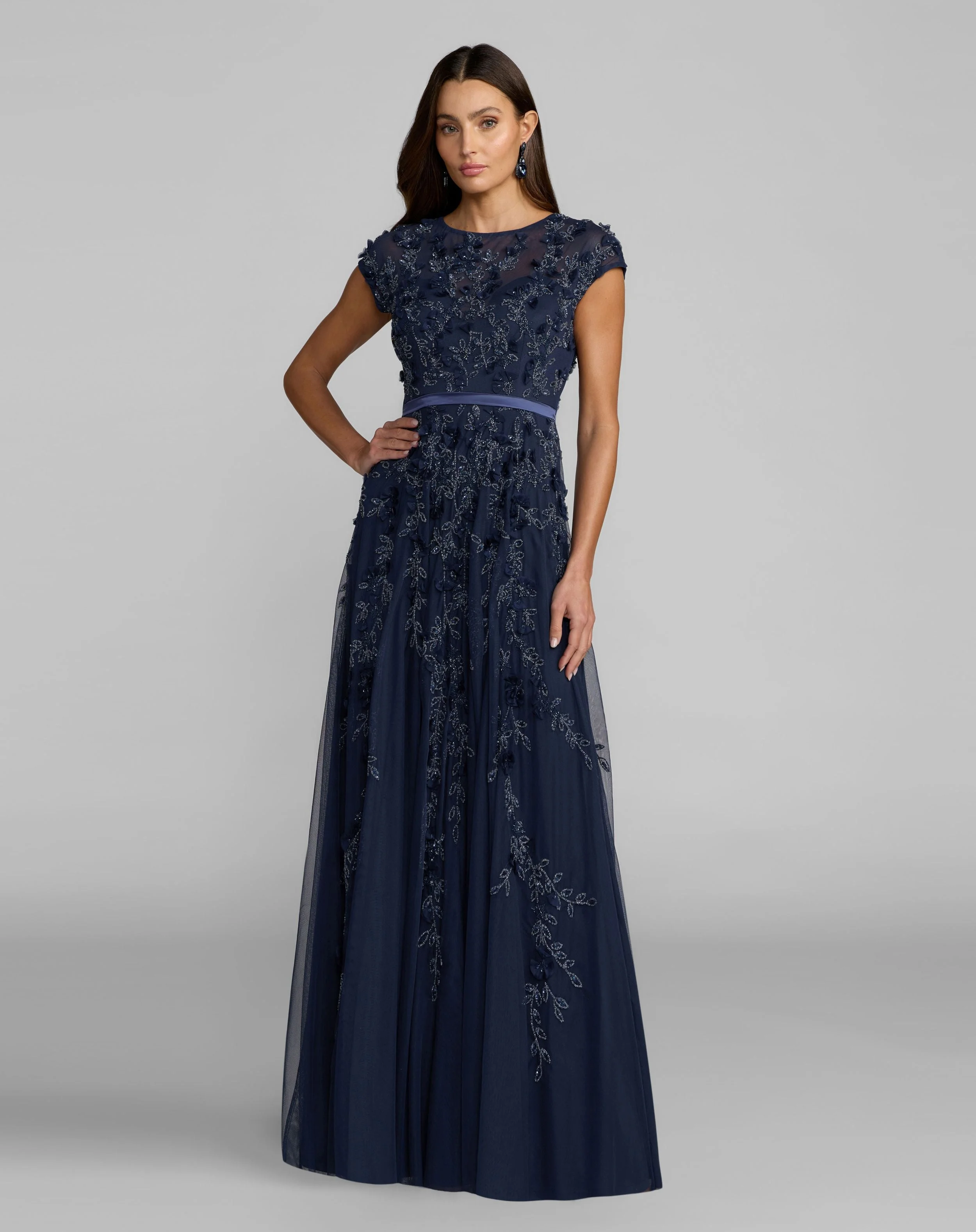 Midnight Floral Embellished Cap Sleeve Gown - 1