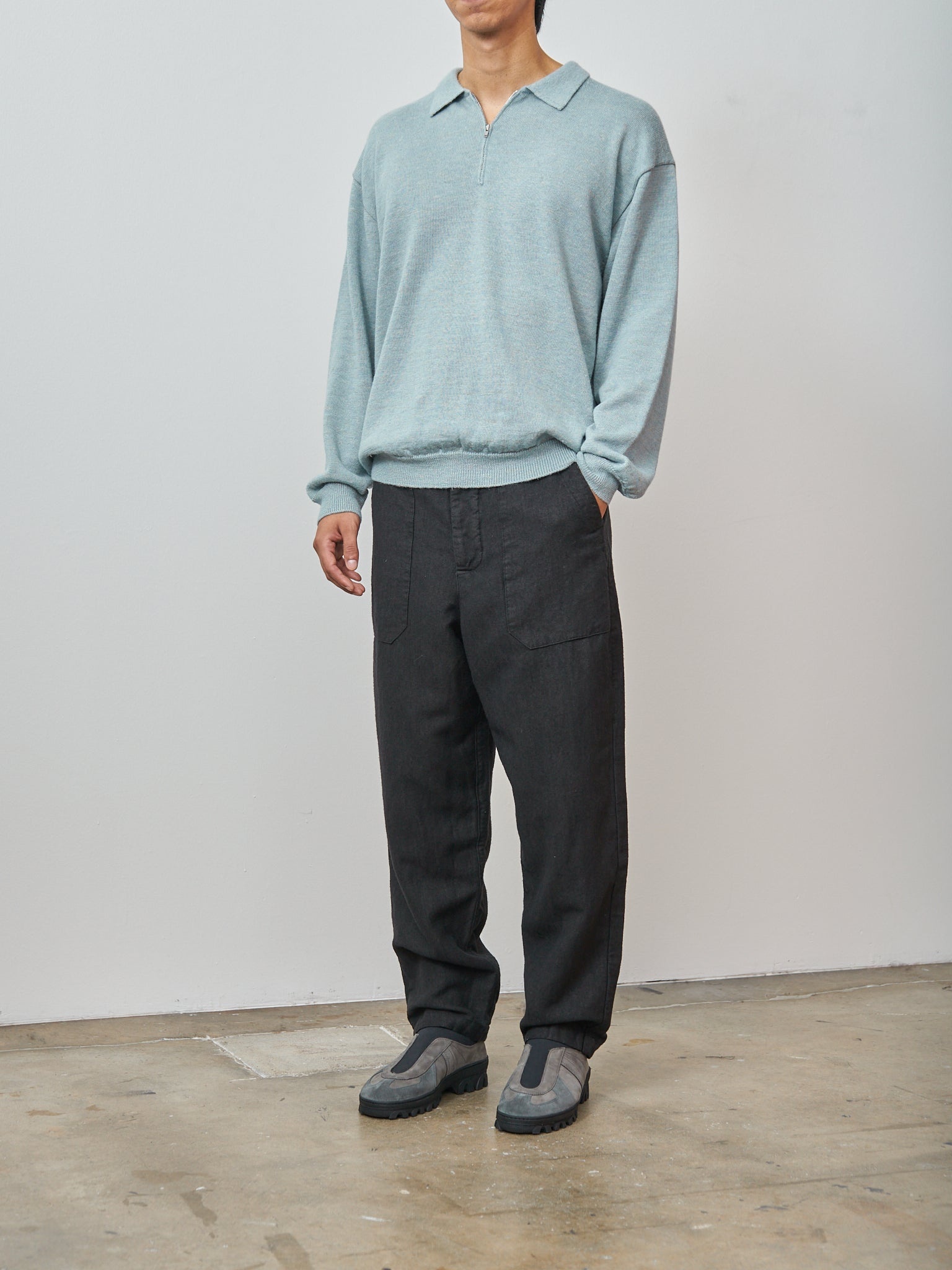 Baby Alpaca Linen Zip Up Polo Sweater - Sax - 3