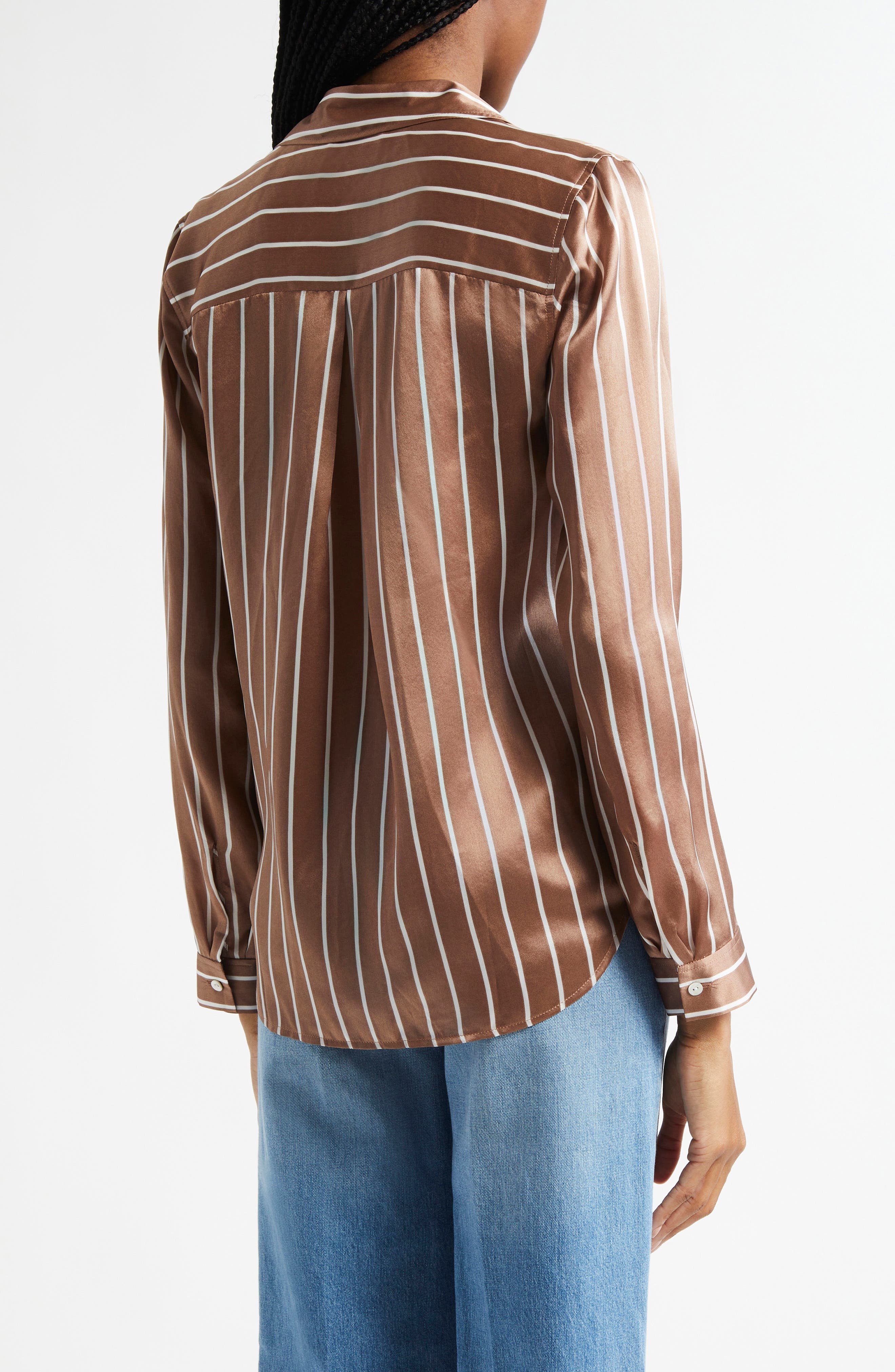 L'AGENCE Tyler Stripe Silk Button-Up Shirt in Chocolate Malt/Ecru Stripe at Nordstrom - 3
