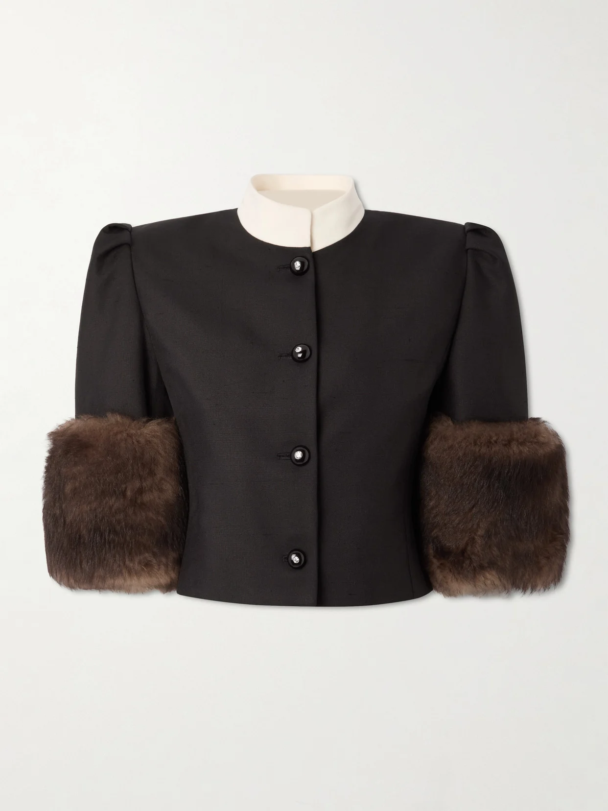 Cropped Shearling-trimmed Embellished Silk Jacket - 1