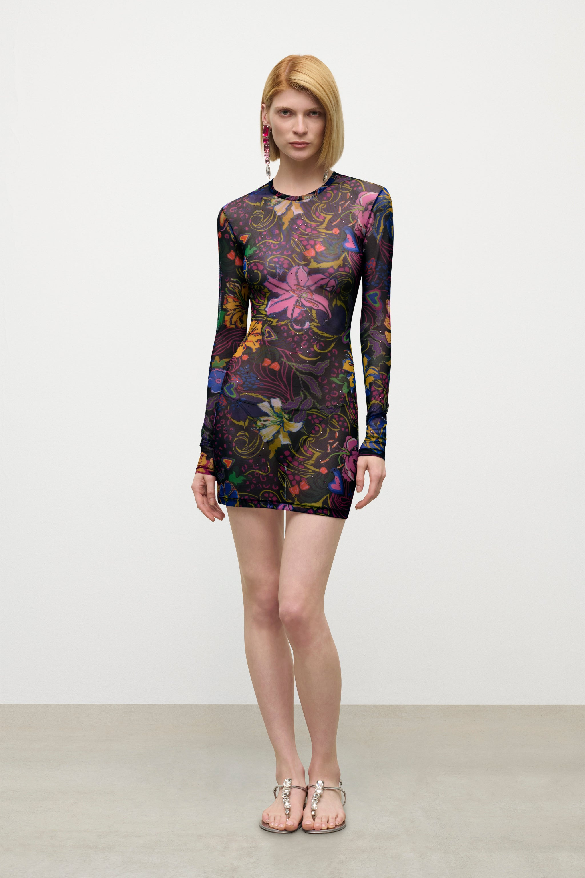 HOTFIX PRINTED TULLE LONG SLEEVE MINI DRESS - 3
