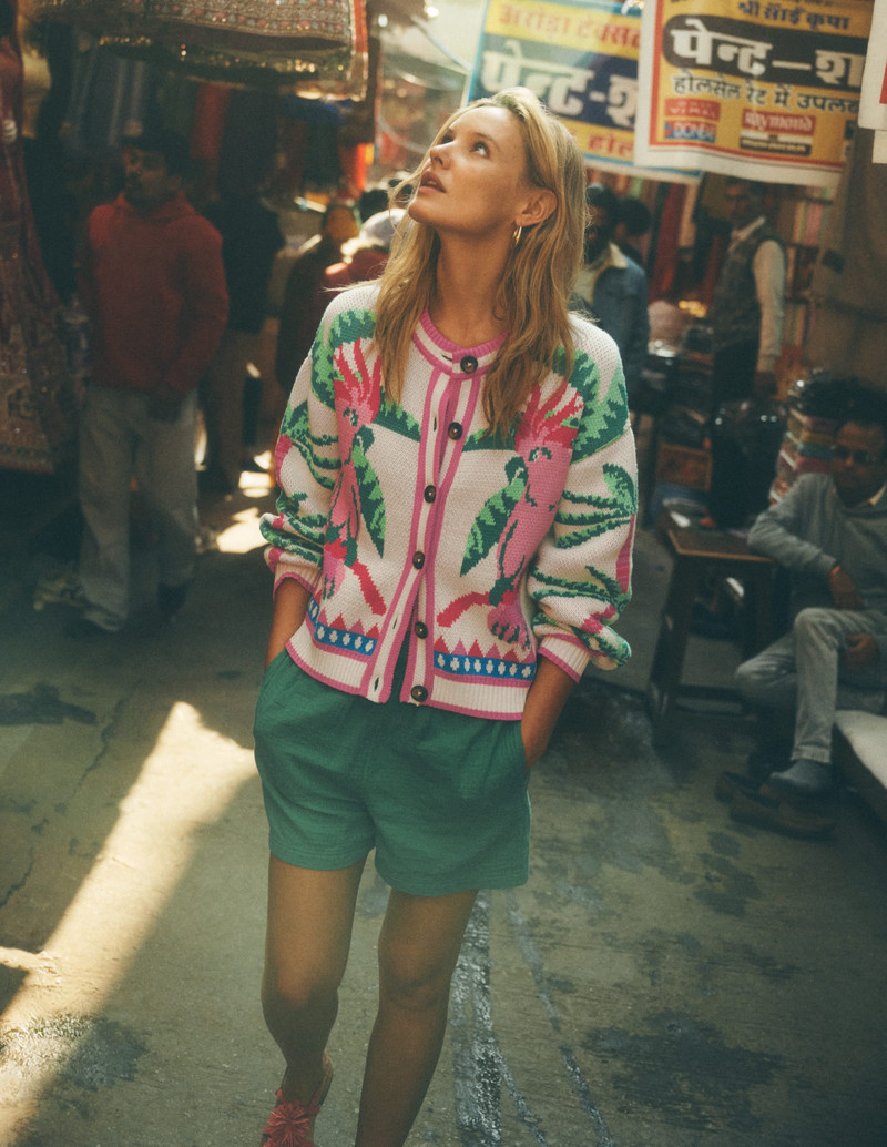 Abi Jacquard Cardigan-Warm Ivory, Palm Tree Birds 3