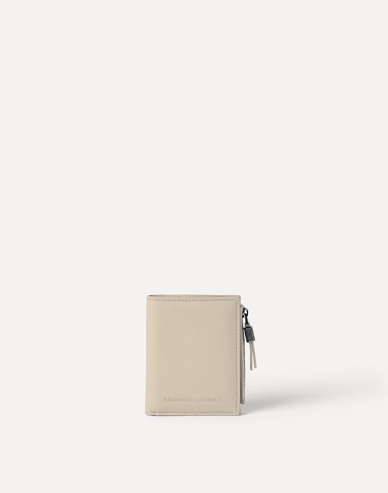 Calfskin compact wallet with shiny zipper pull 1