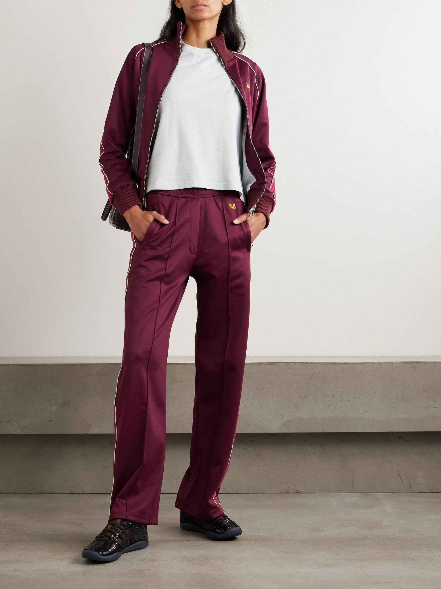 Mantra pointelle-trimmed jersey straight-leg track pants Burgundy - 2