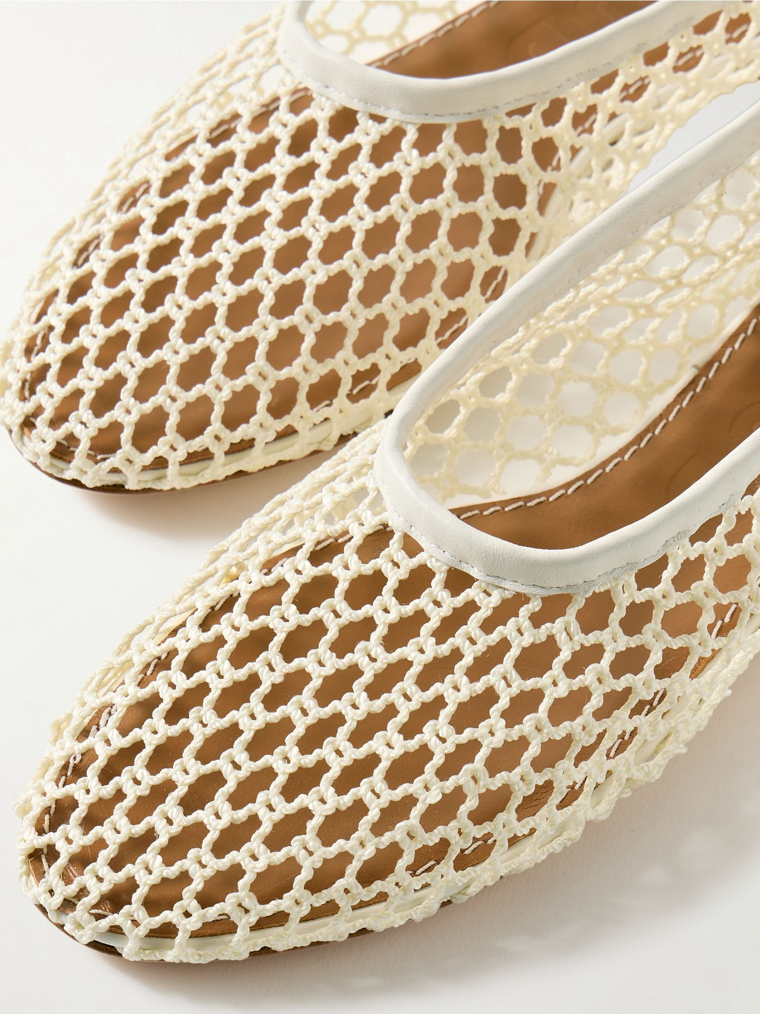 Alba leather-trimmed crocheted ballet flats Off-white - 4