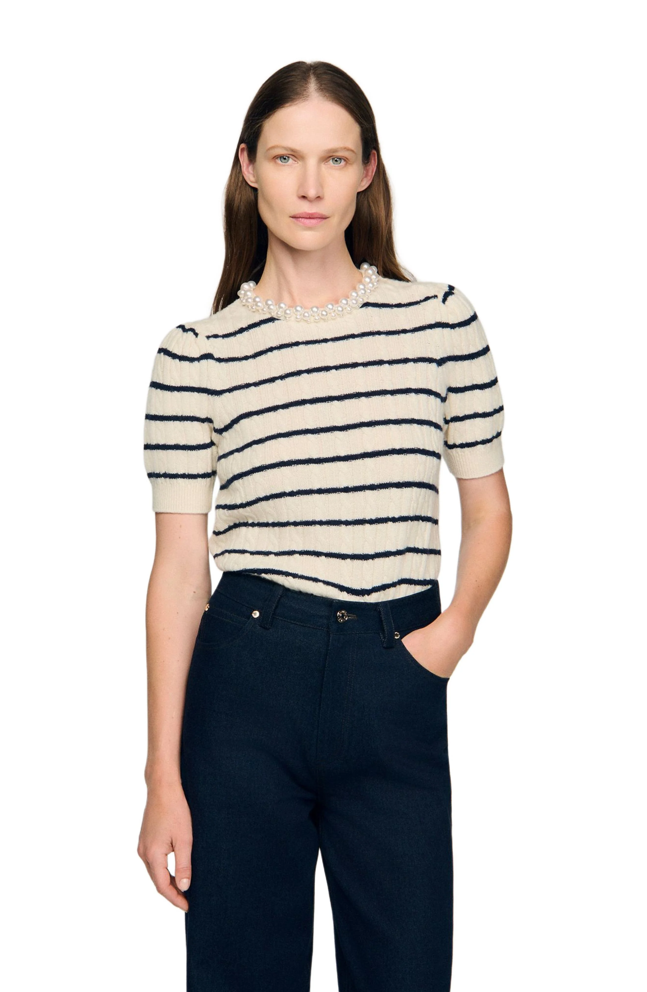 SANDRO Striped sweater with pearl collar in Ecru at Nordstrom - 1