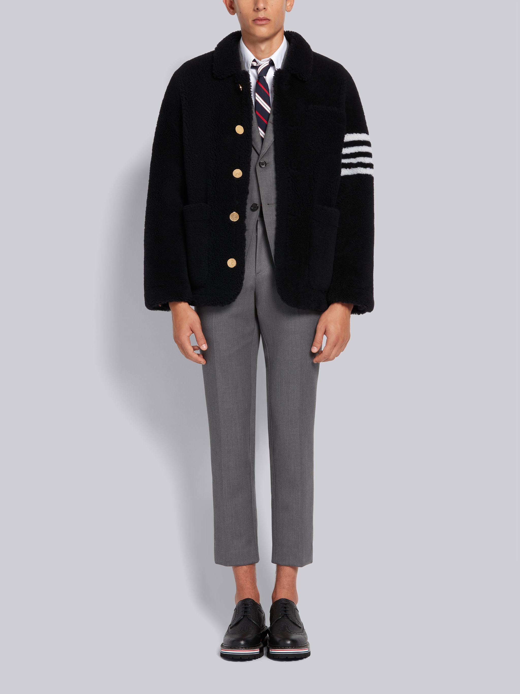 Navy Dyed Shearling Round Collar 4-Bar Sack Jacket - 4