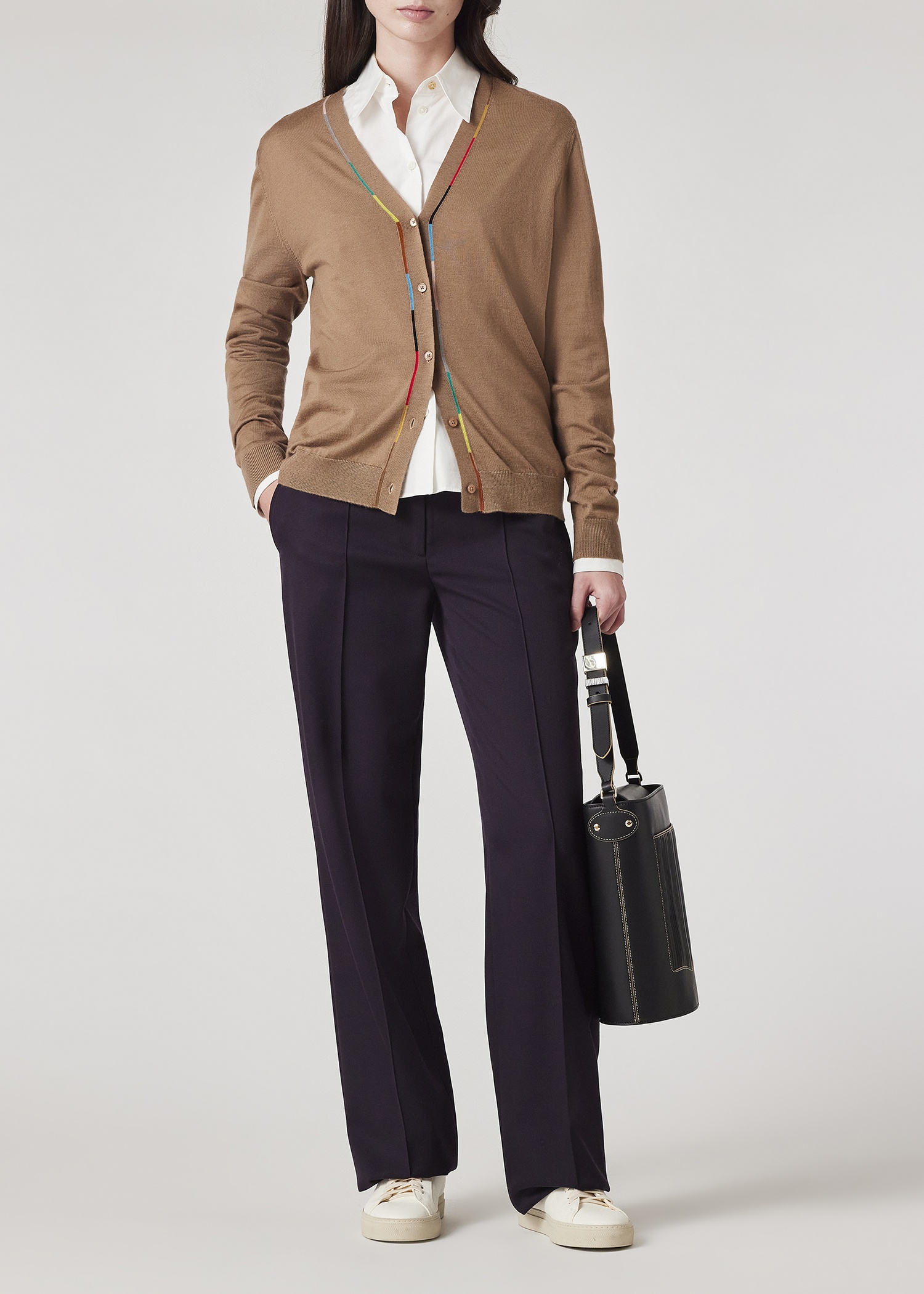 Women's Taupe Merino Knitted V-Neck Cardigan - 4
