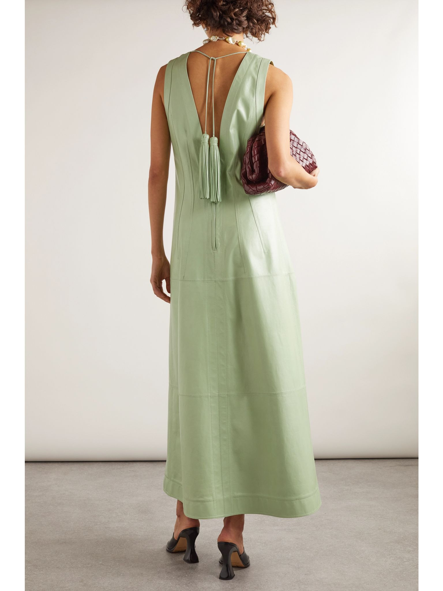Tasseled leather maxi dress Mint - 3