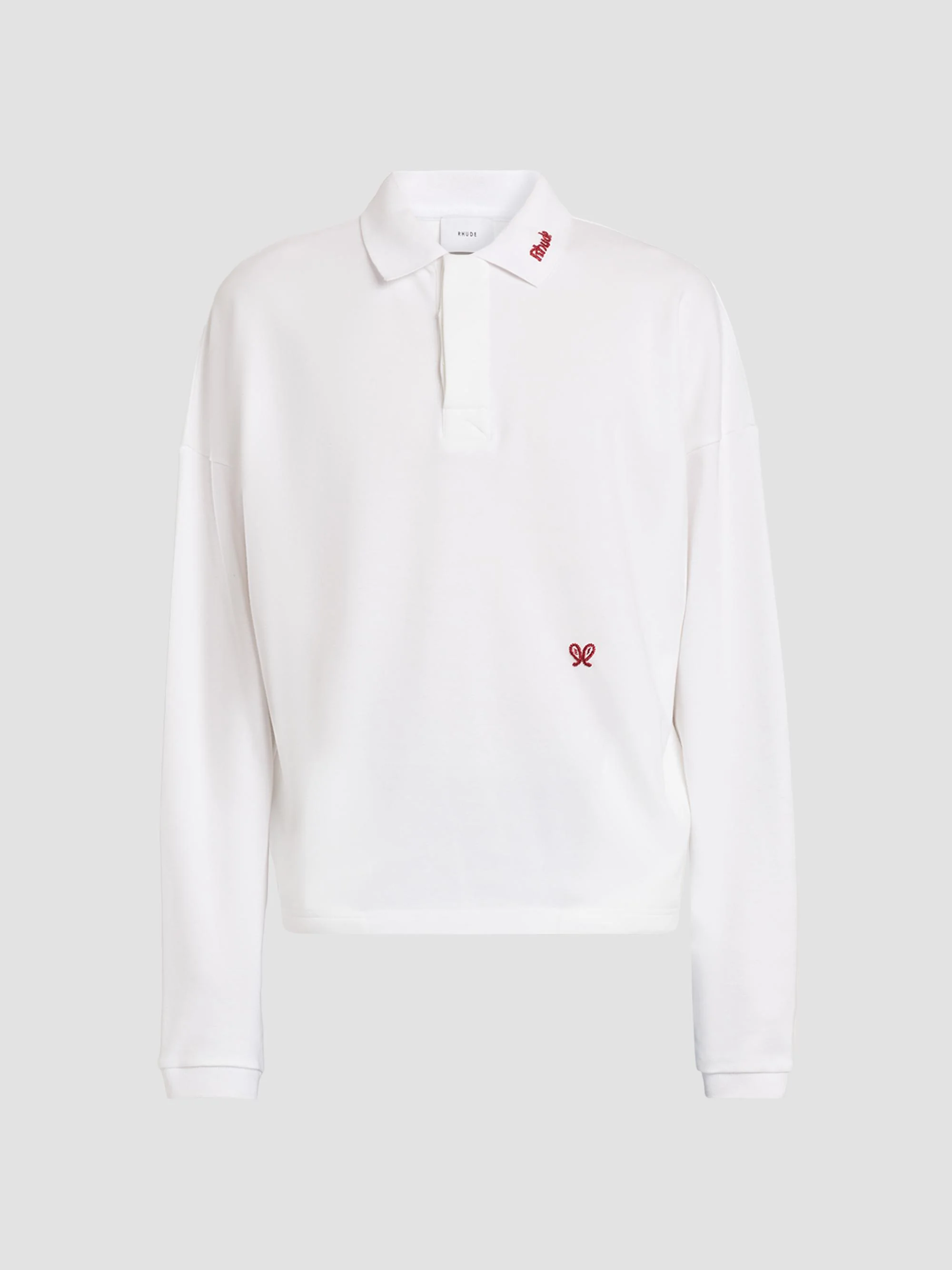 Men's Logo Embroidery Long-Sleeve Polo Shirt - White Red - 1