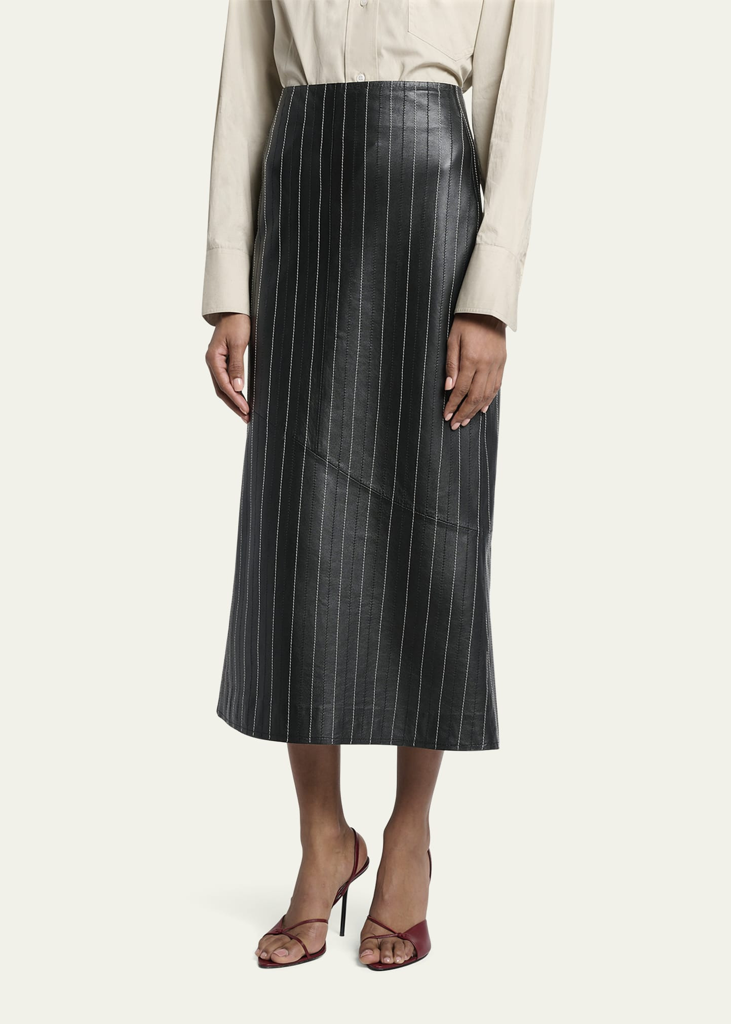 Pinstripe Kick Midi Leather Skirt - 4