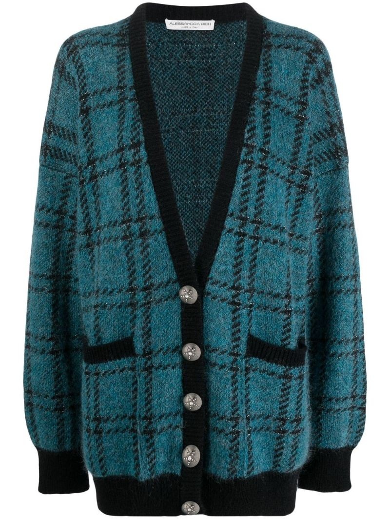 checked V-neck cardigan - 1