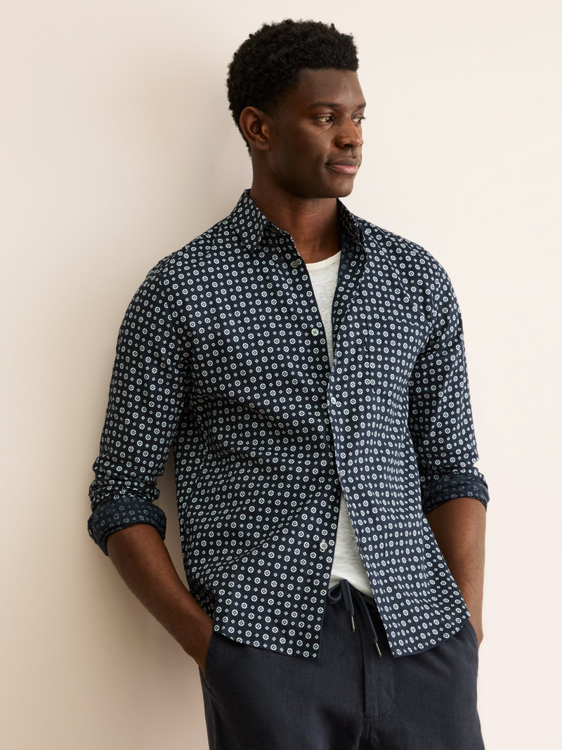 Men's Shirt Milan Linen Navy Blue & White Rose Motif 4
