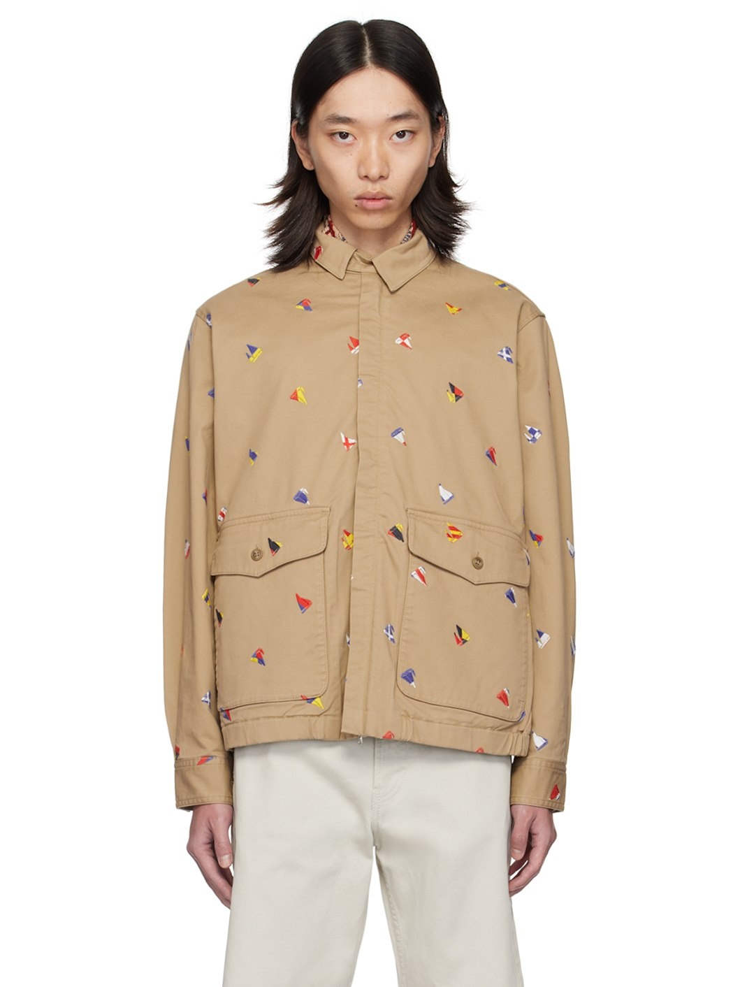 Beige Embroidered-Graphic Jacket - 1