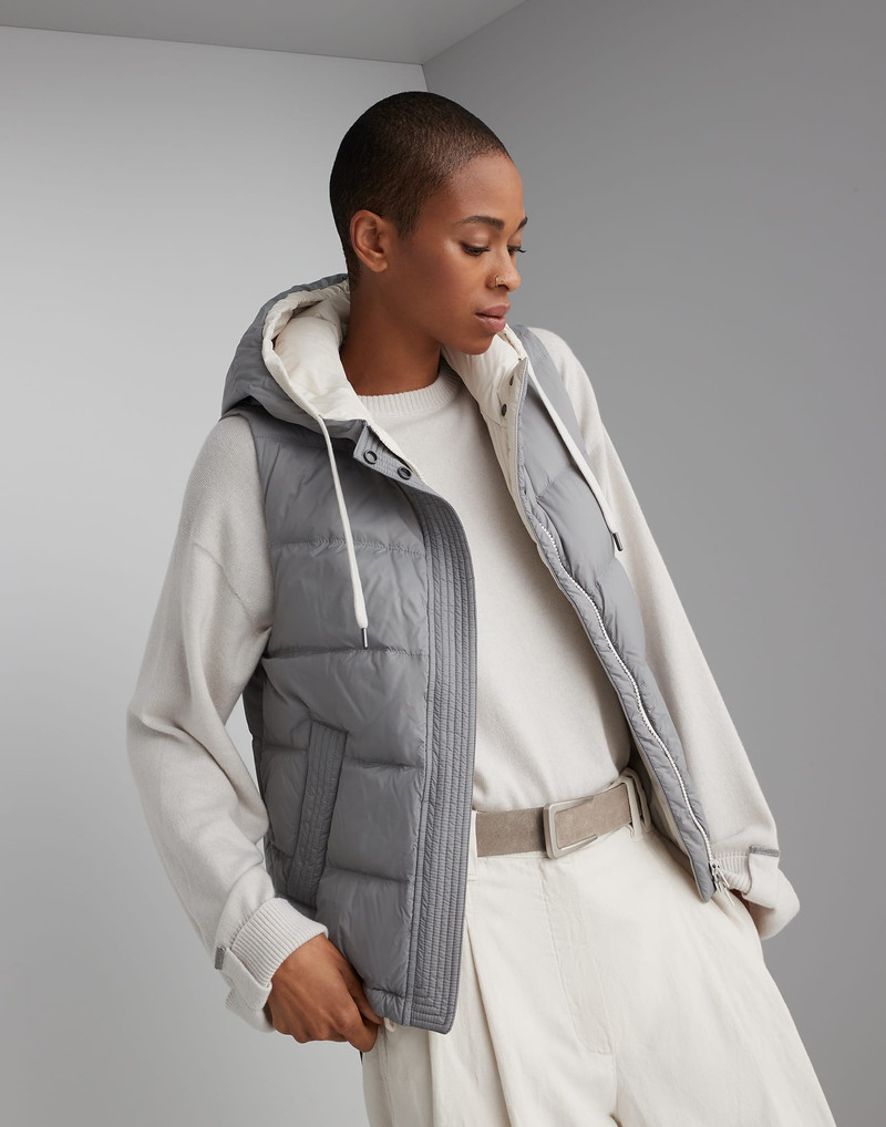 Lightweight matte nylon down vest with hood and shiny trim 1