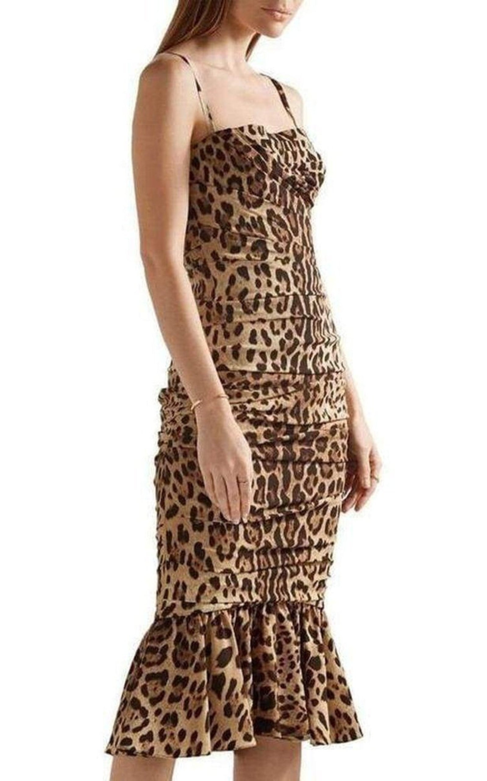 Ruched Leopard Print Silk Cady Midi Dress - 3