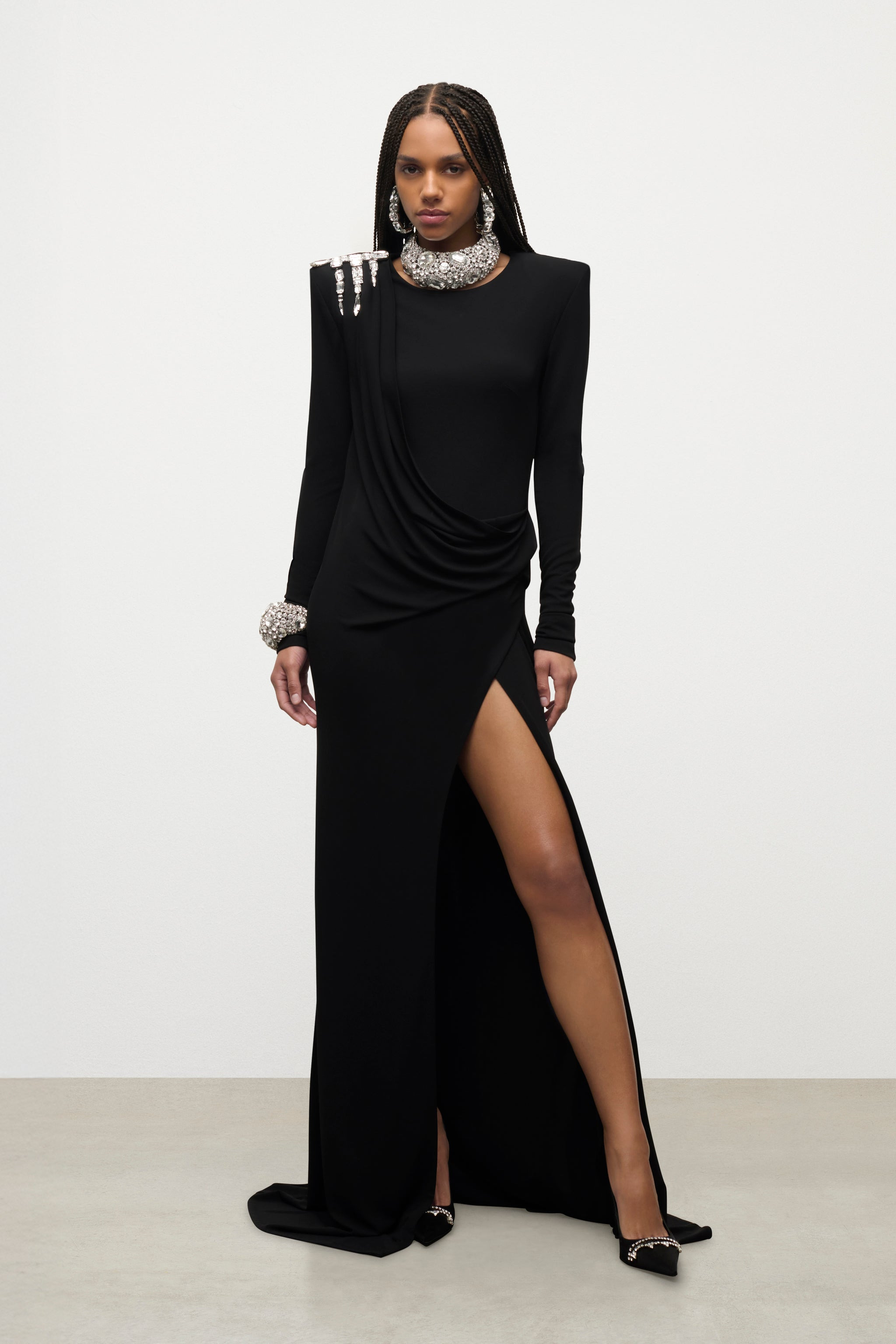 CRYSTAL CLUSTER DRAPED LONG SLEEVE GOWN - 3