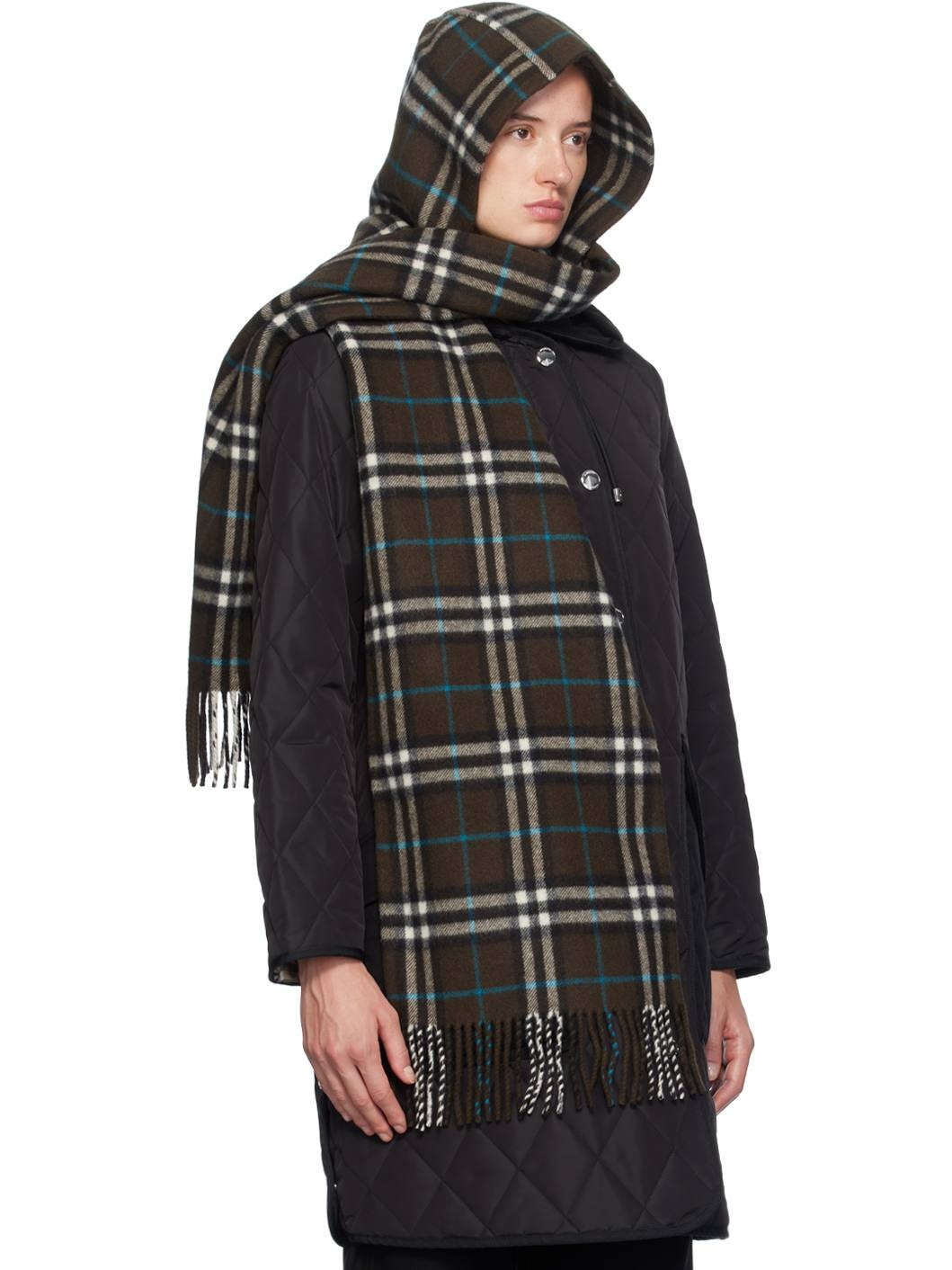 Brown Check Cashmere Hooded Scarf - 2
