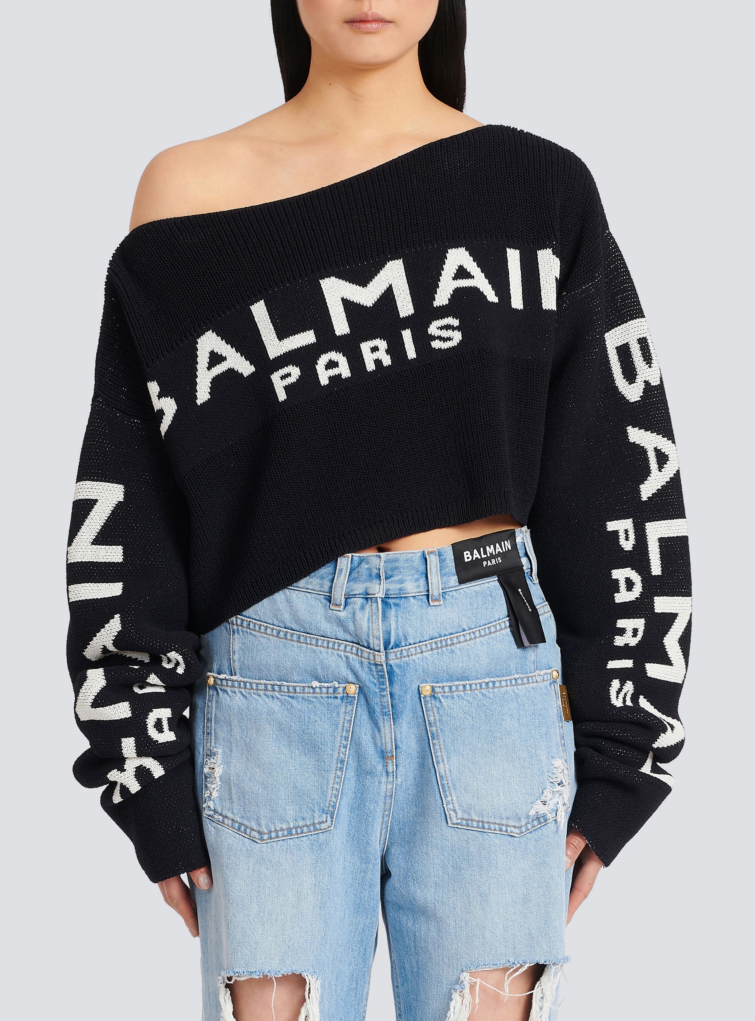 Cropped knit sweater with graffiti Balmain logo print - 6