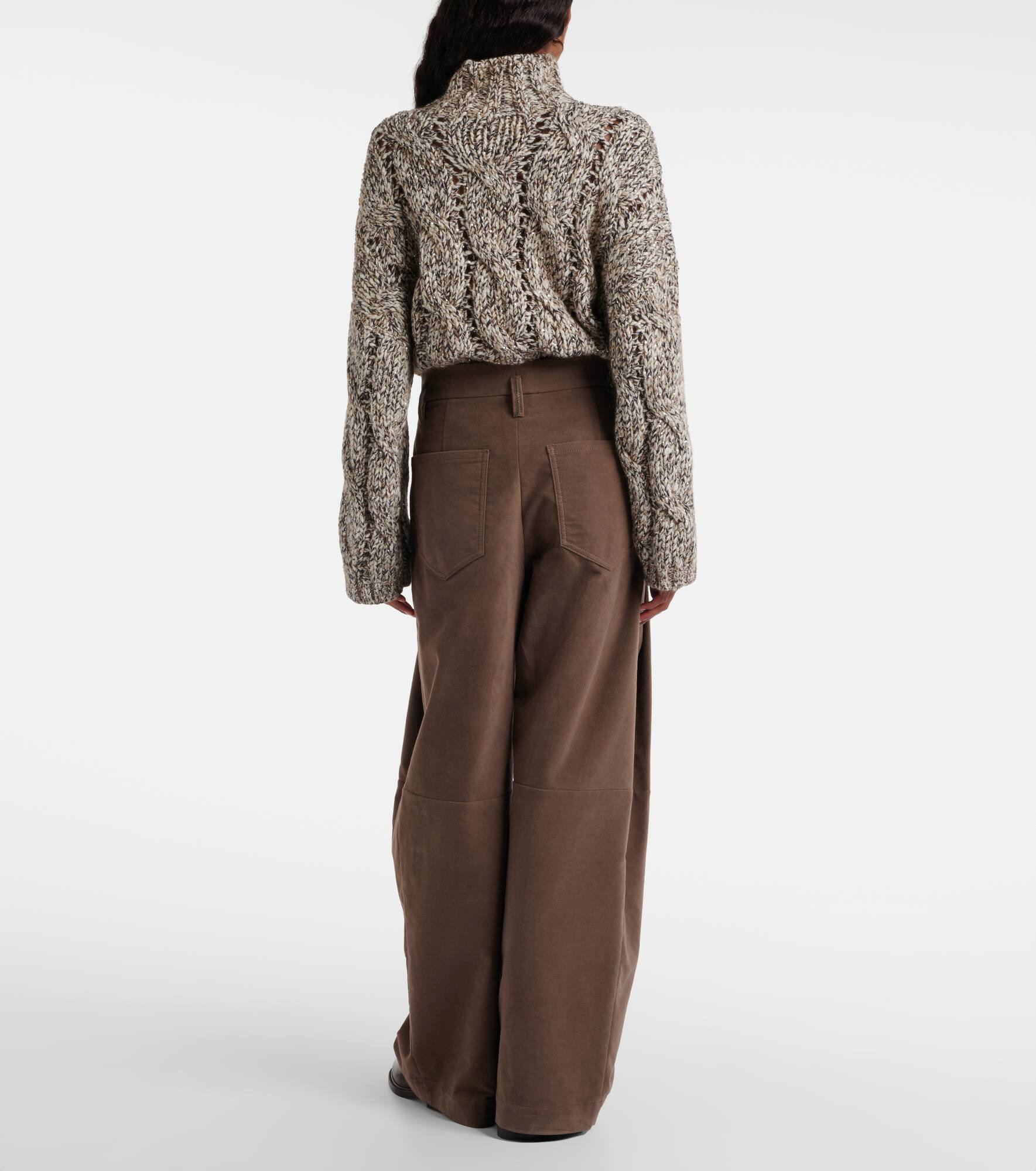 Pleated high-rise cotton wide-leg pants - 3