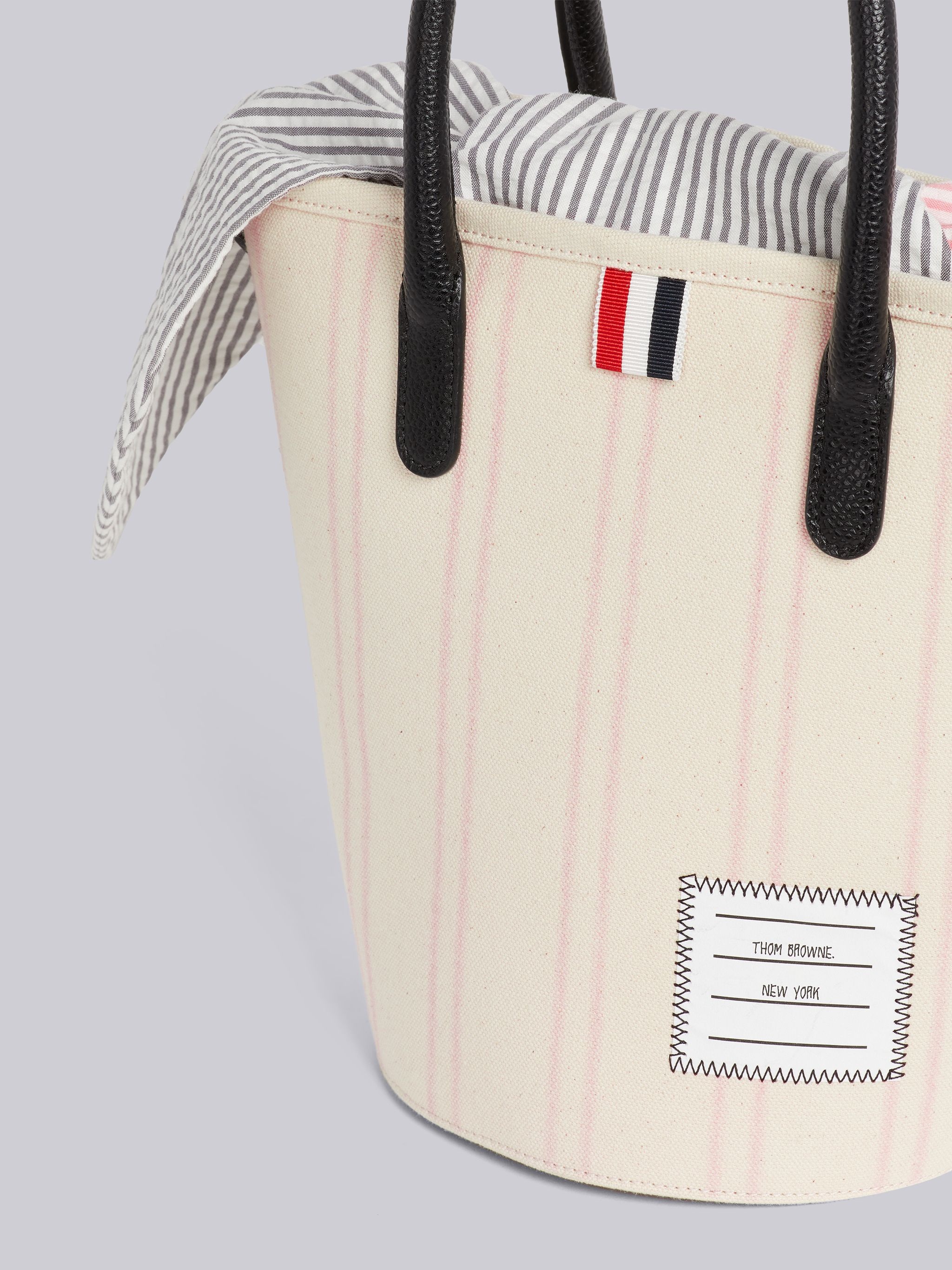 Light Pink Striped Cotton Canvas Shoulder Strap Mini Bucket Bag With Interior Pouch - 2