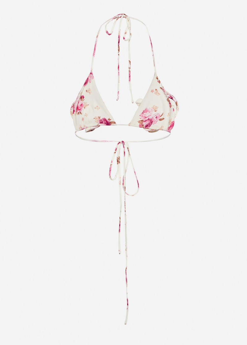 Strappy triangle bikini top in cream floral print 2