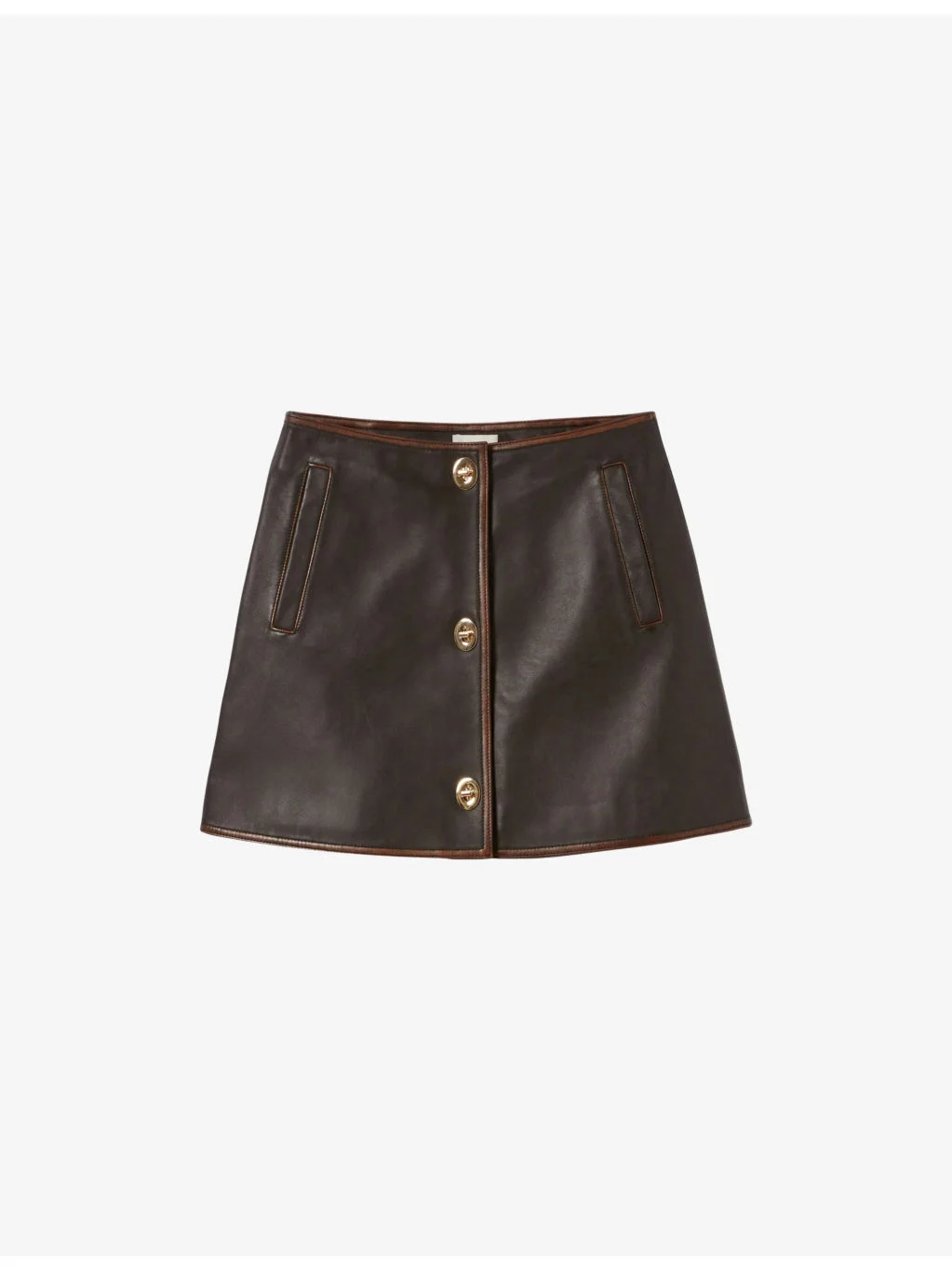 Button-Down A-Line Leather Mini Skirt - 1