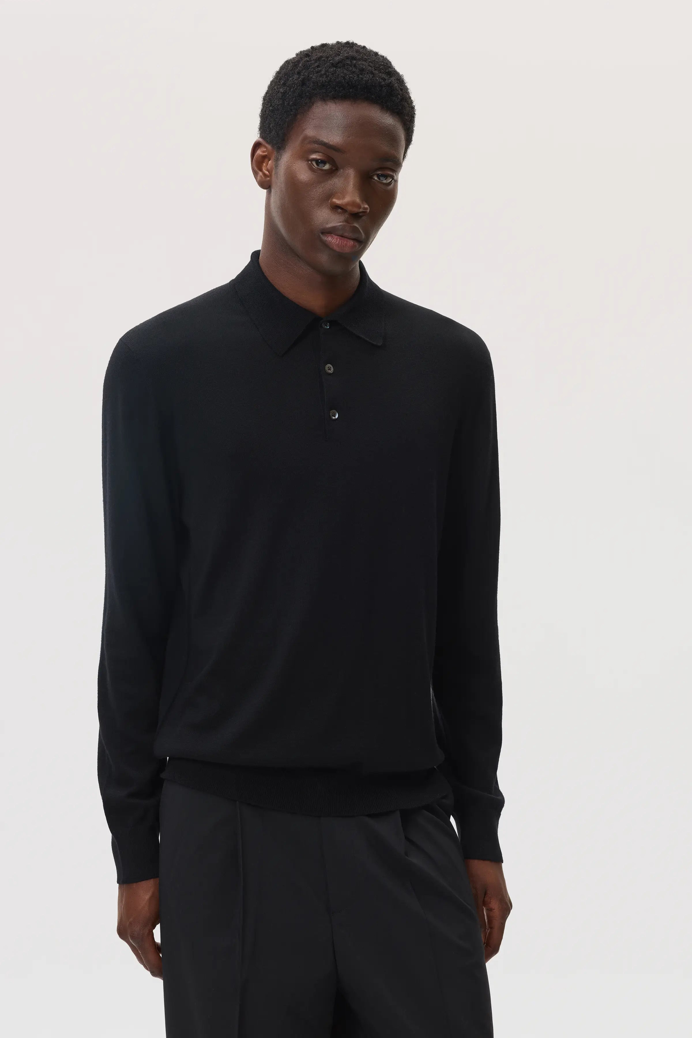 Merino Long Sleeve Black Polo Shirt - 4