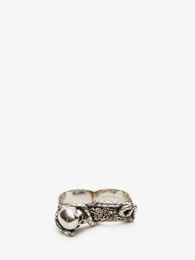 Skull And Snake Double Ring in Antique Silver - 3