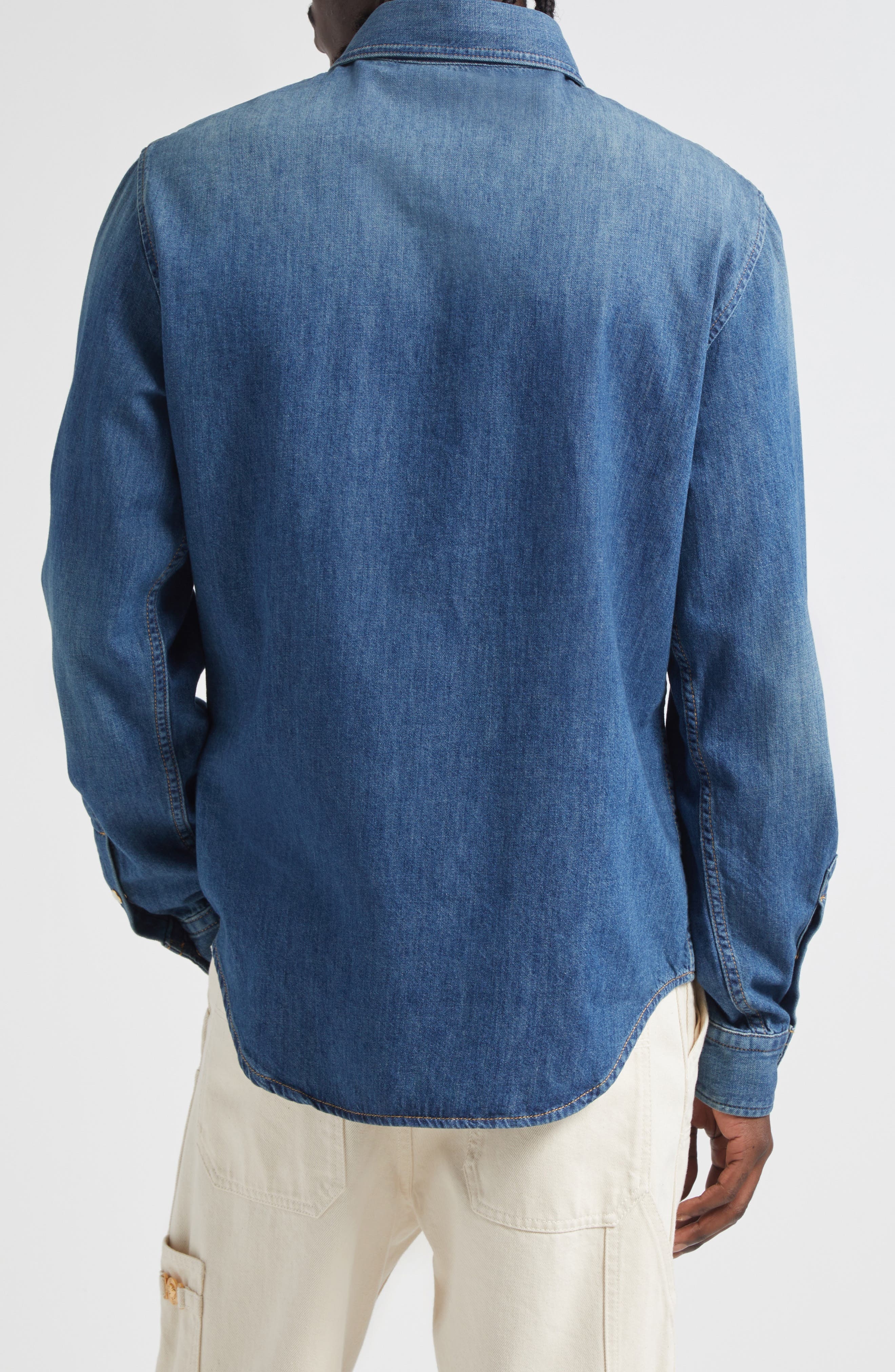Versace Medusa Patch Denim Snap-Up Shirt in Medium Blue at Nordstrom - 2