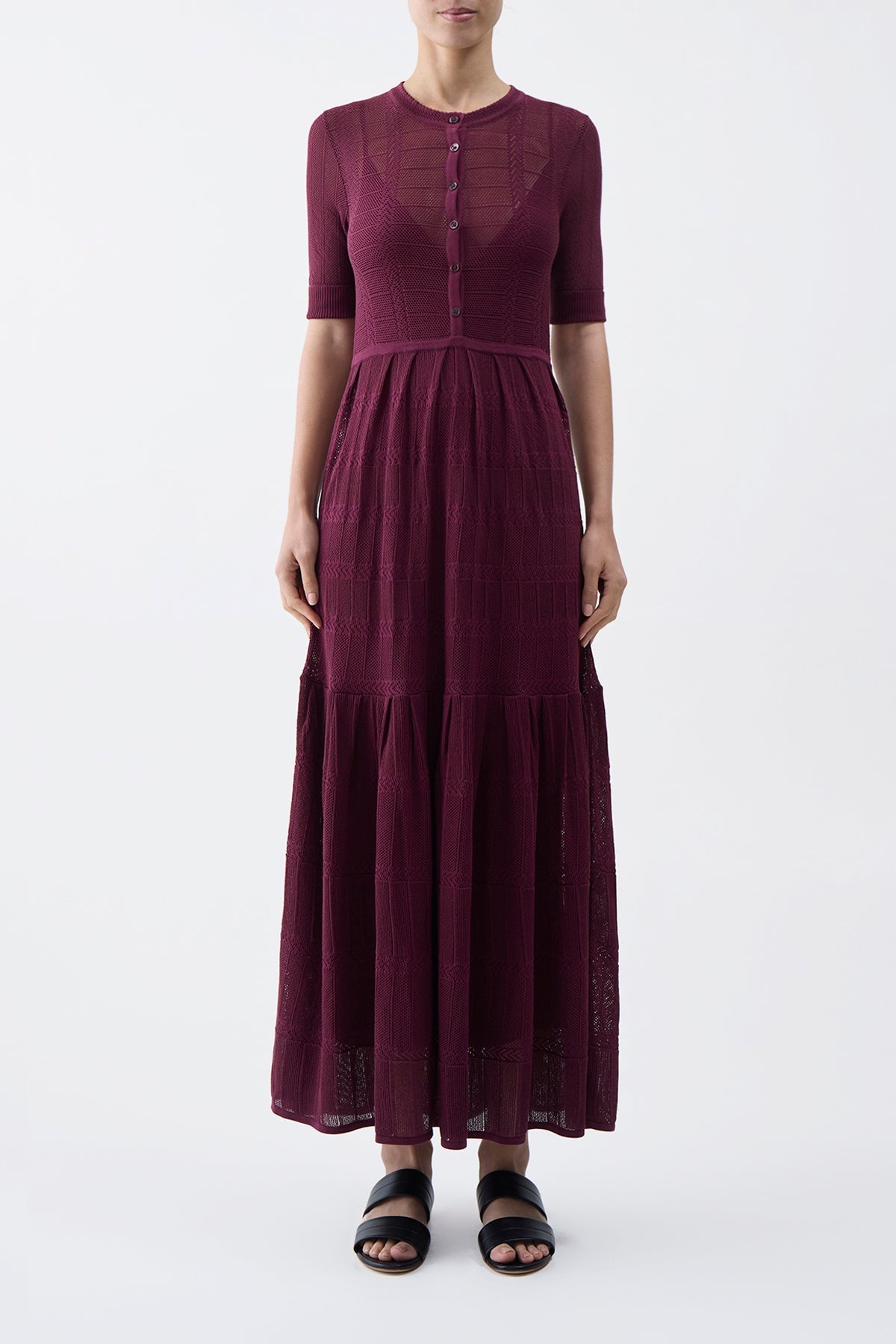 Iris Pointelle Knit Dress with Slip in Bordeaux Cotton Silk - 2