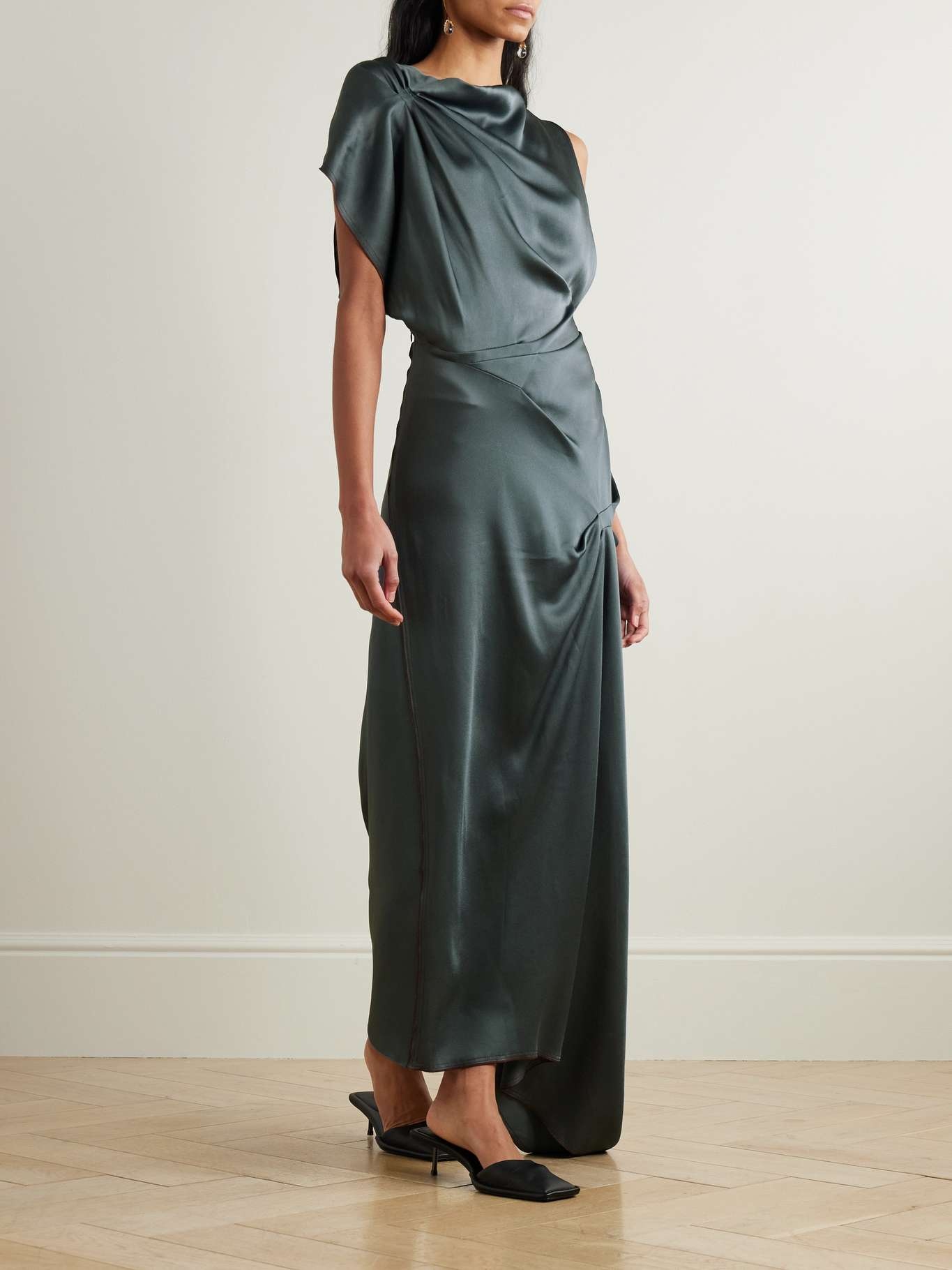 Asymmetric draped satin midi dress Dark gray - 3