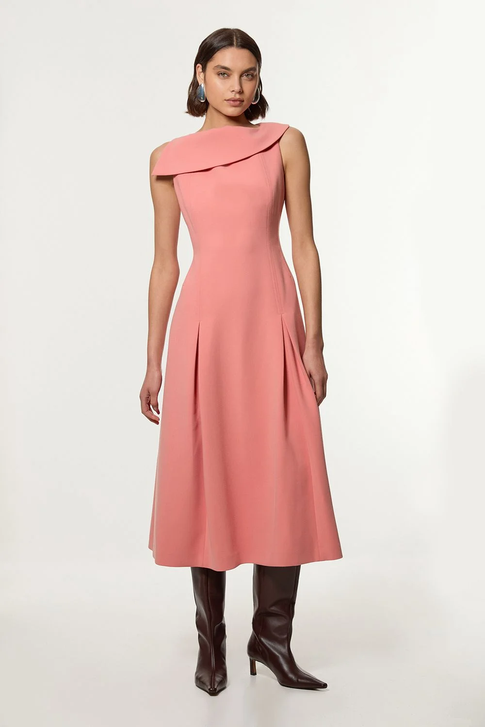 Compact Stretch Asymmetric Neck Tailored Full Skirted Dress - 1
