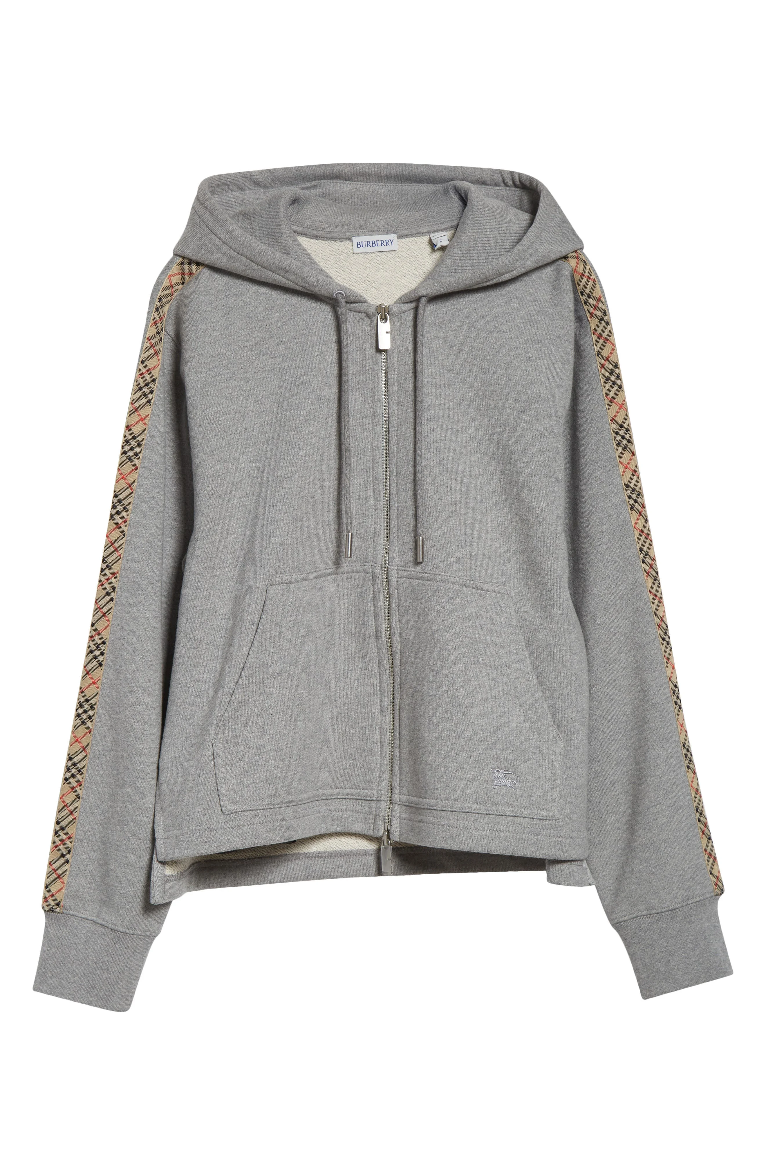 burberry Harper Check Tape French Terry Full Zip Hoodie in Pale Grey Melange at Nordstrom - 1
