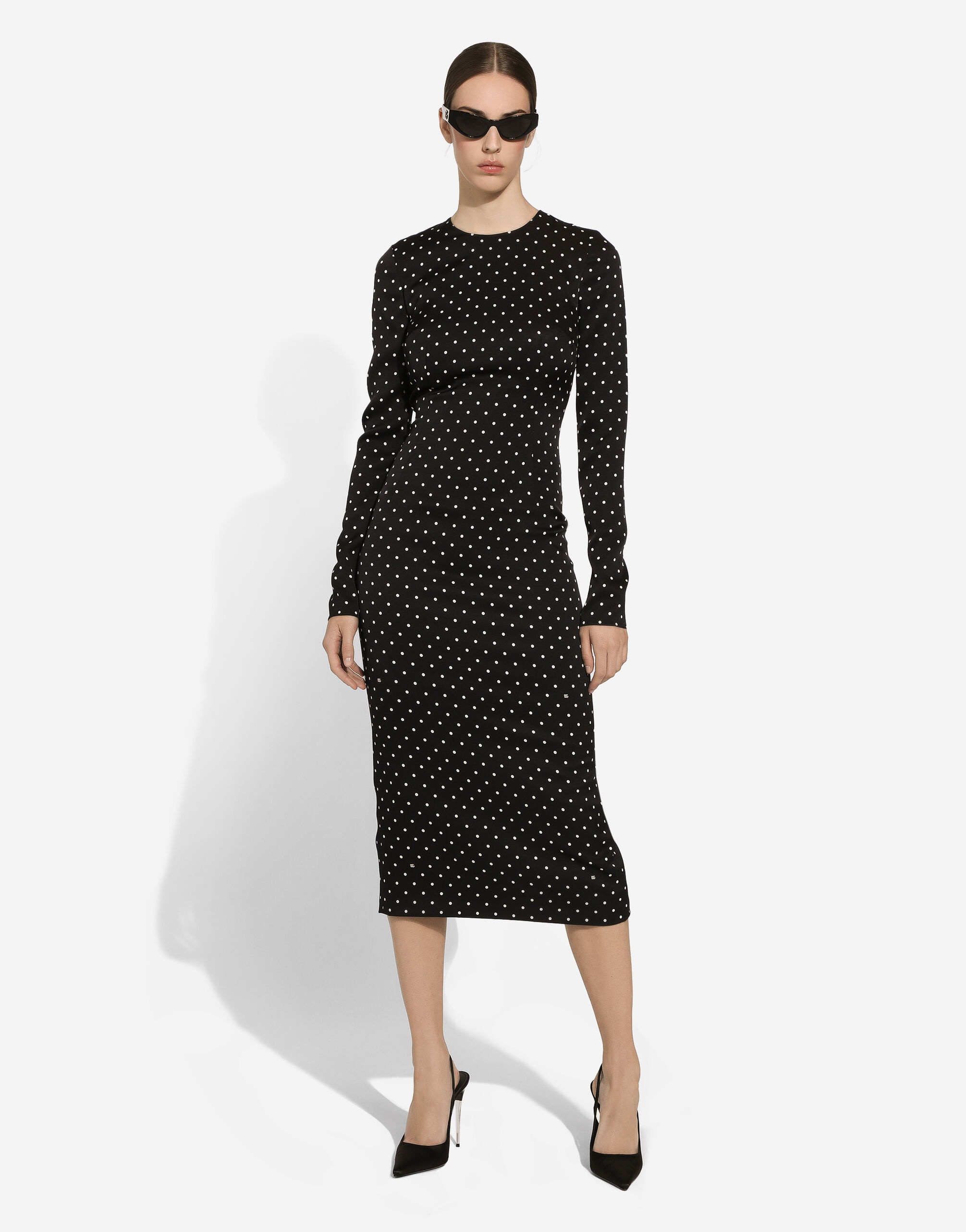 Charmeuse calf-length sheath dress with polka-dot print - 5