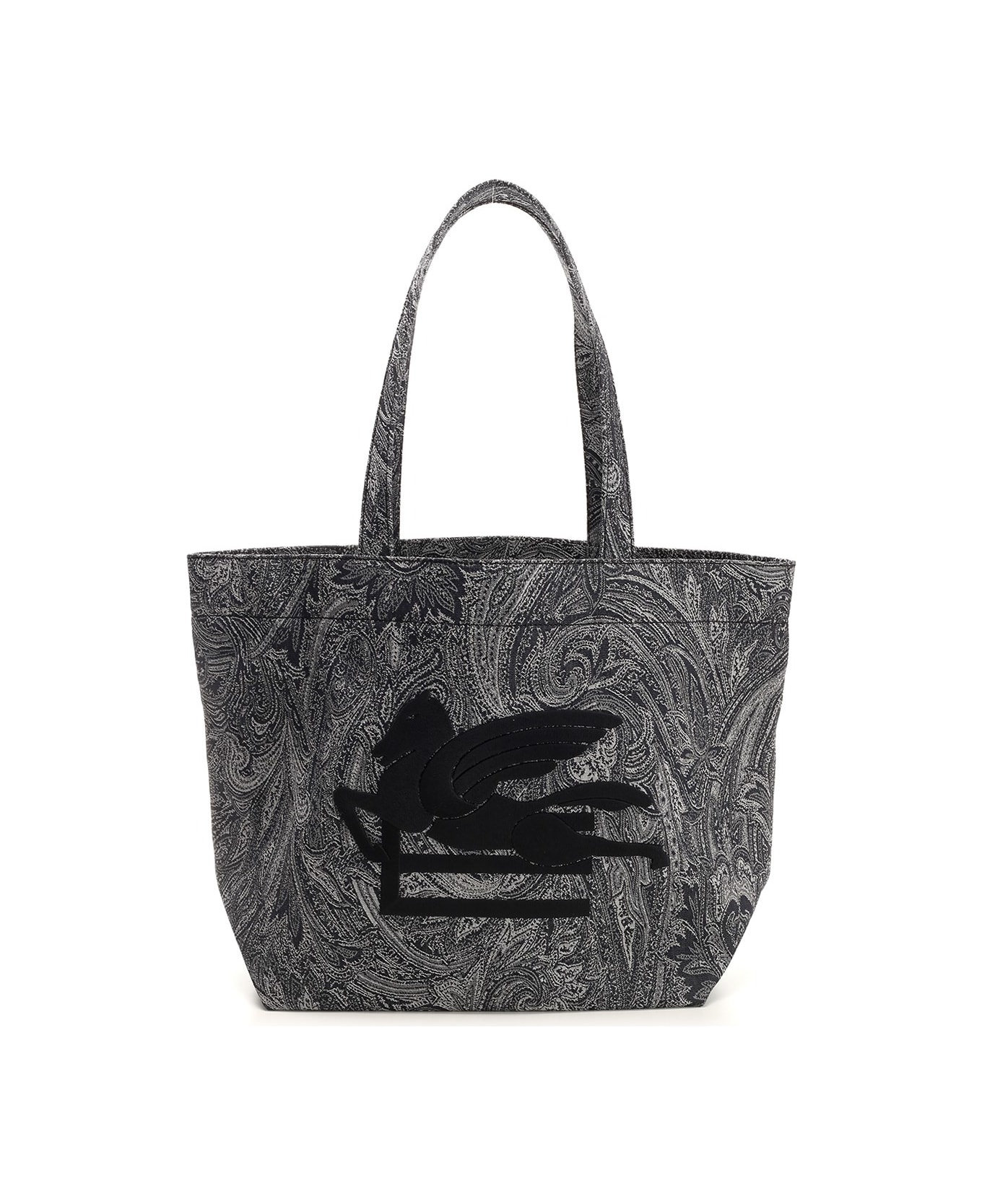 Navy Blue Large Tote Bag With Paisley Jacquard Motif - 1