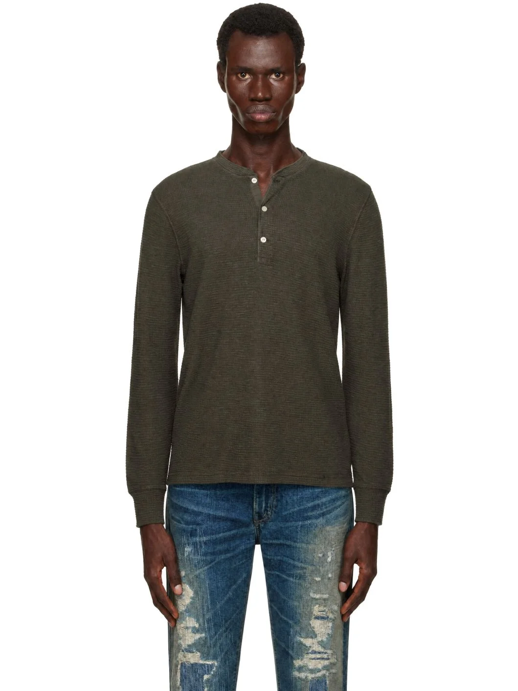 Taupe Waffle-Knit Henley - 1