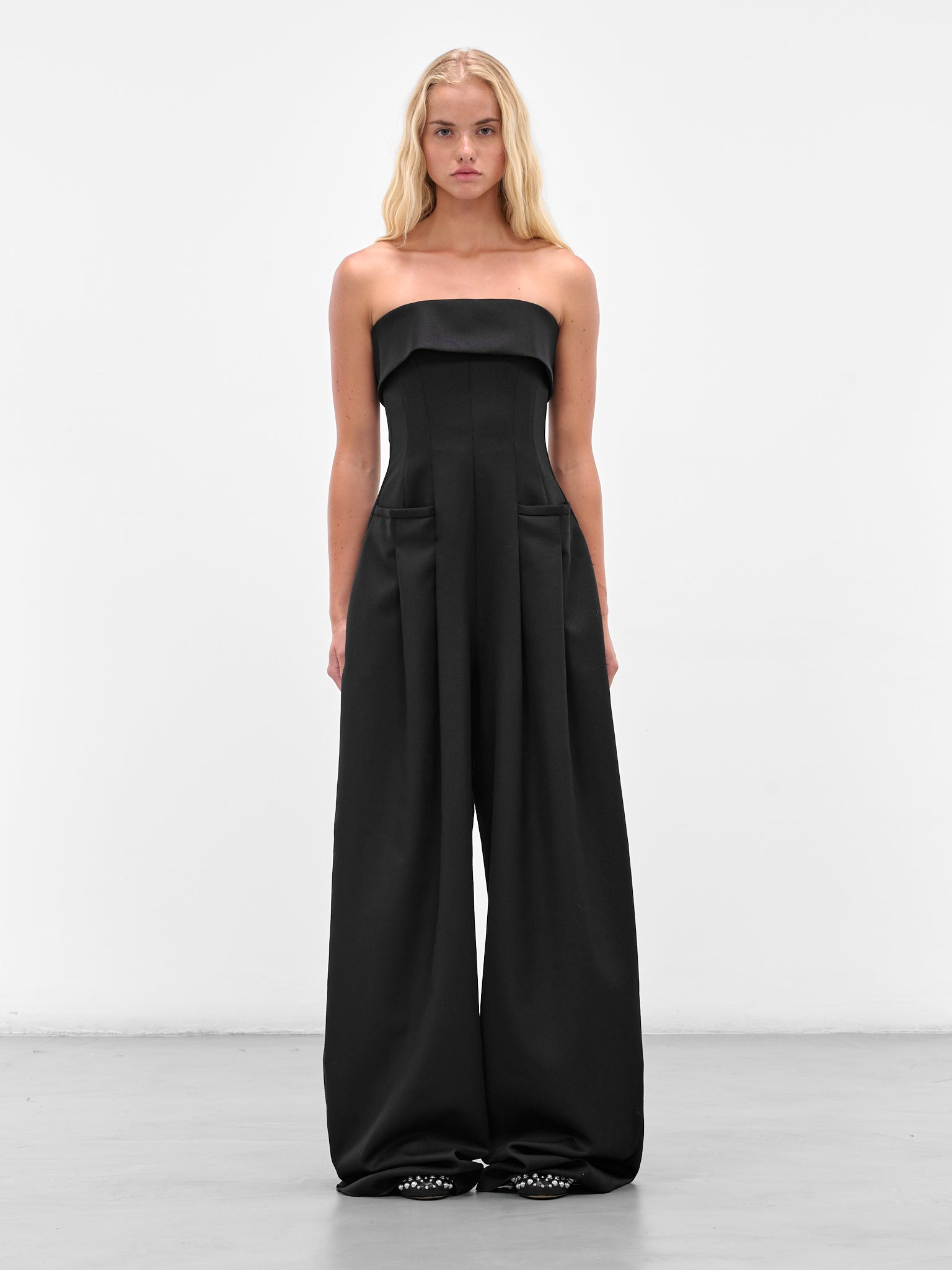 Black Wool Rounded Strapless Jumpsuit - 1