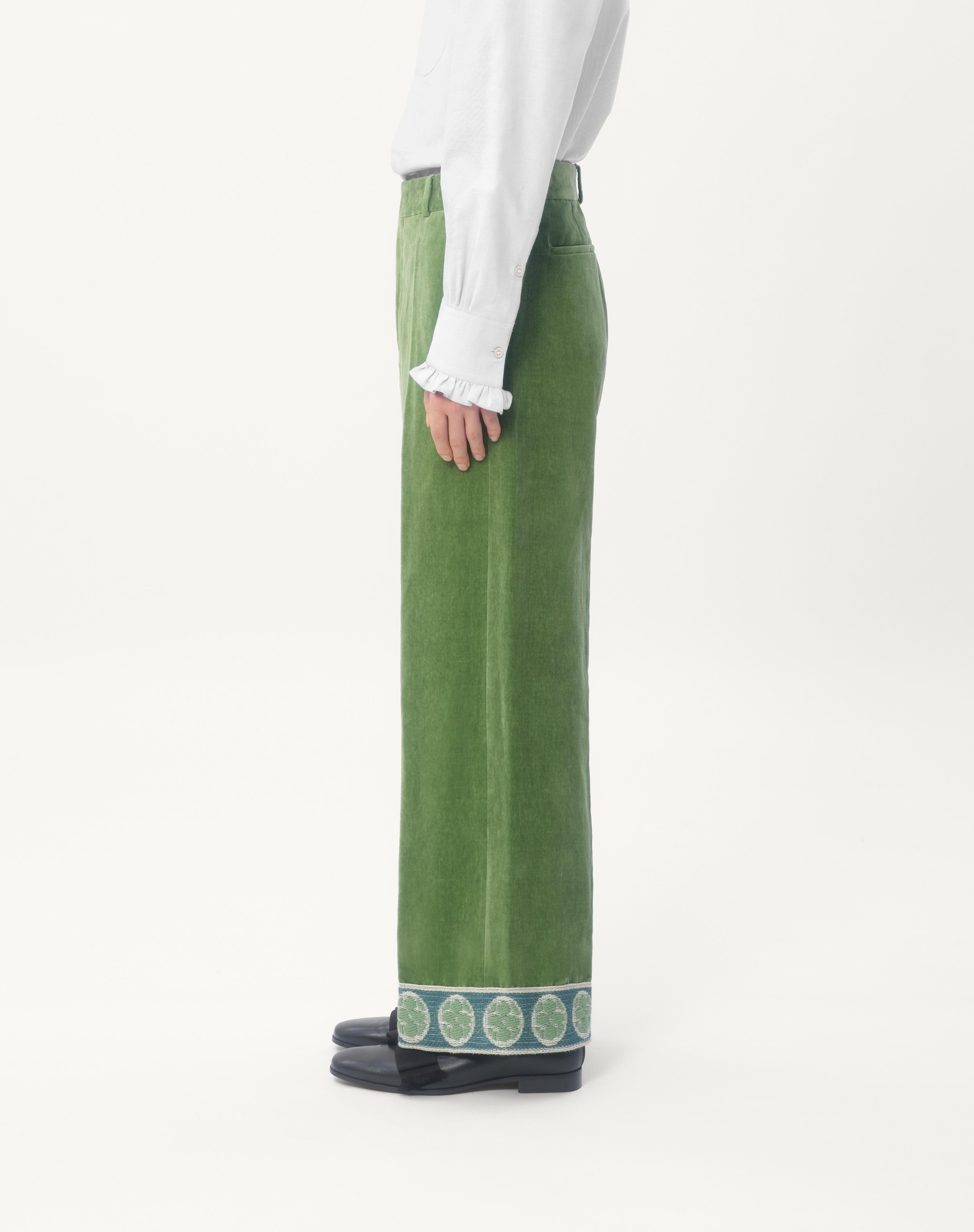 WASHED COTTON-LINEN VELVET PANTS WITH JACQUARD HEMS - 6