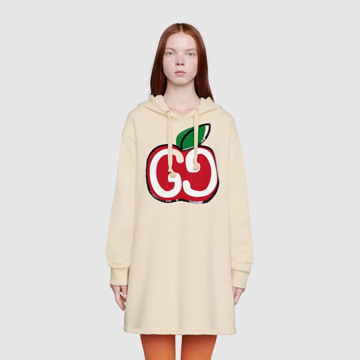 Hooded dress with GG apple print - 3