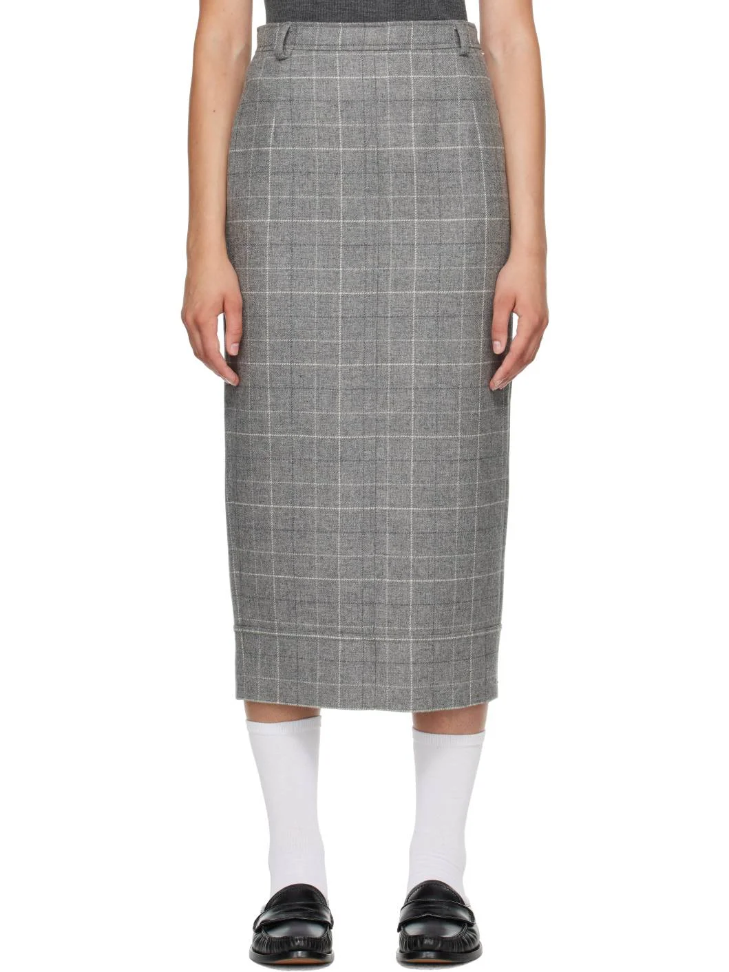 Gray High-Waisted Check Flannel Midi Skirt - 1