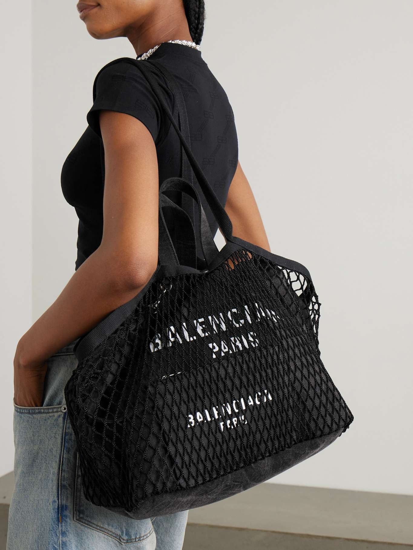 BALENCIAGA 24/7 medium printed cotton-canvas and mesh tote