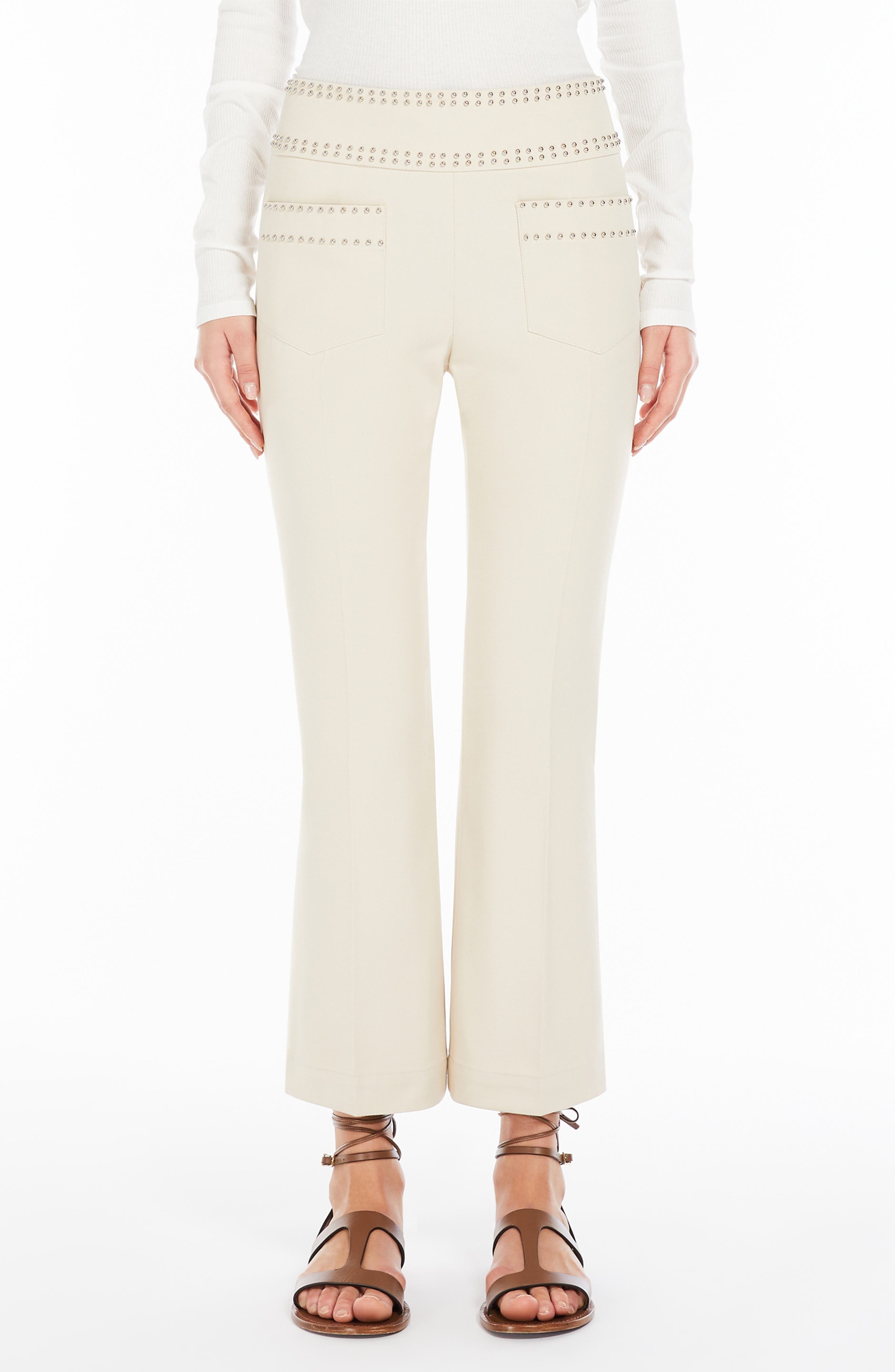Weekend Max Mara Studded Stretch Cotton Ankle Pants in Beige at Nordstrom - 1