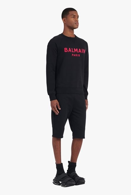 Black cotton sweatshirt with flocked fuchsia Balmain logo - 7